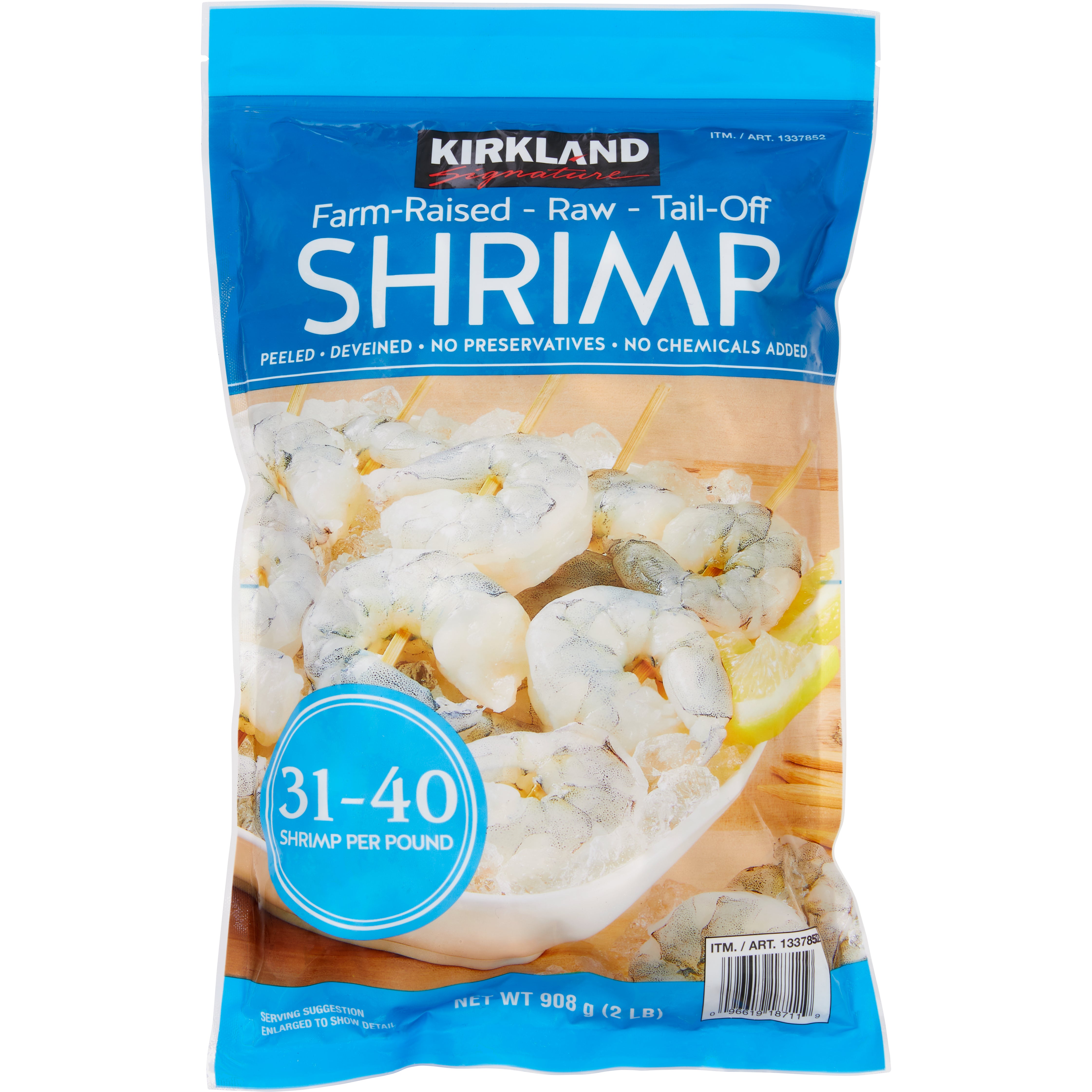 KIRKLAND SIGNATURE 31/40 RAW TAIL OFF SHRIMP 2 POUND BAG - Image 1