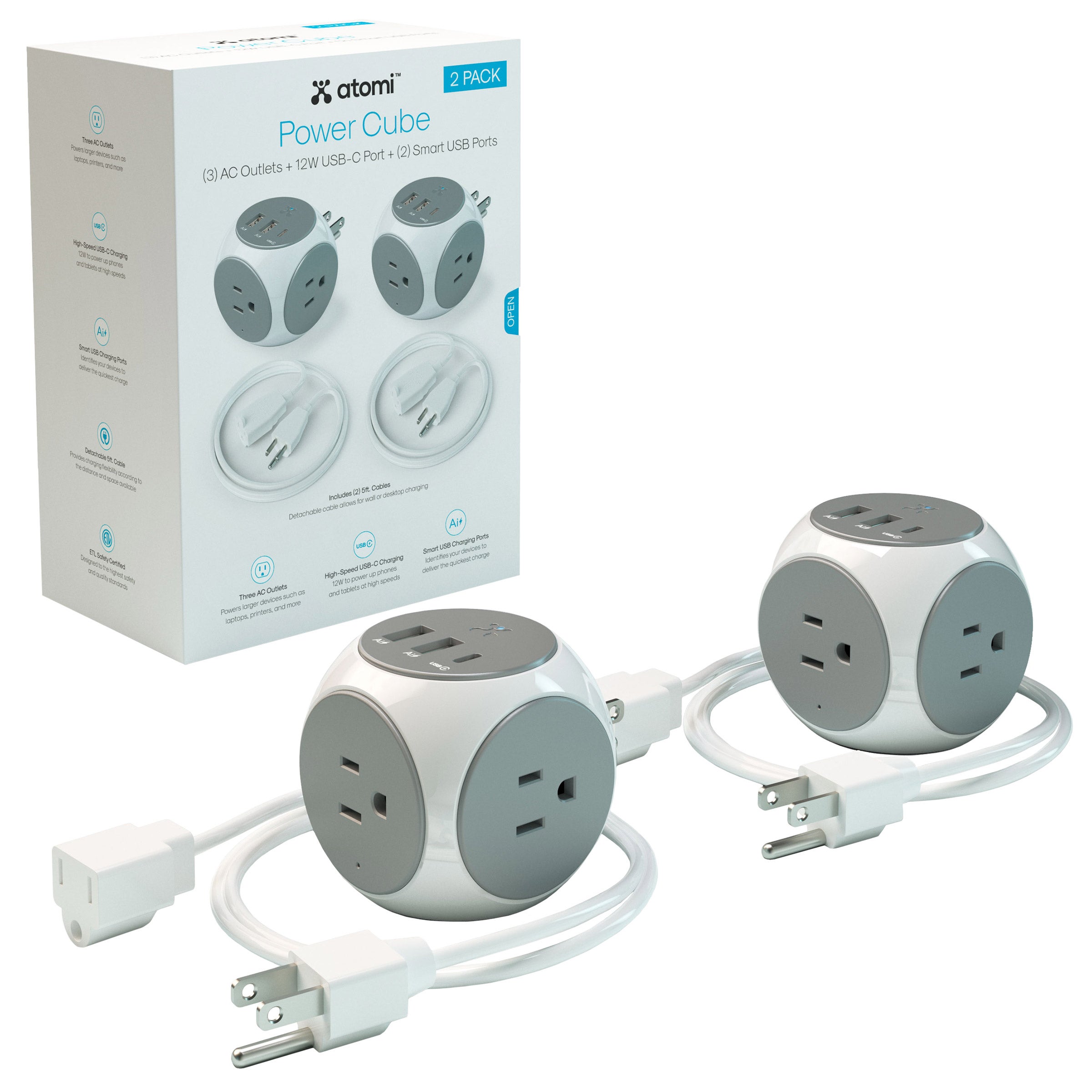 ATOMI POWER CUBE 2 PK. 3 AC OUTLETS 2 USB-A AND 1 USB-C ^ - Image 1