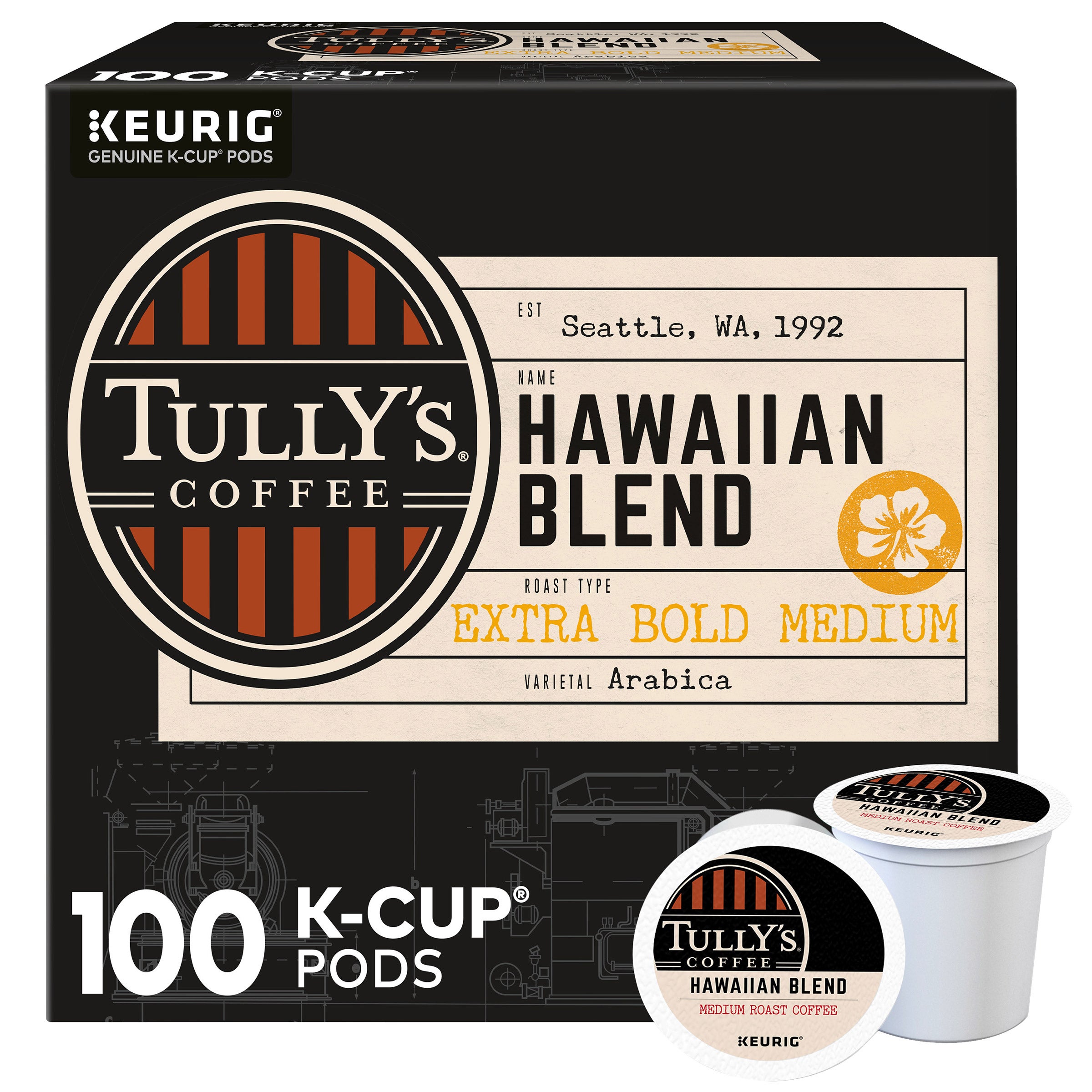 TULLY'S HAWAIIAN BLEND MEDIUM ROAST 100 COUNT K-CUP PODS - Image 1