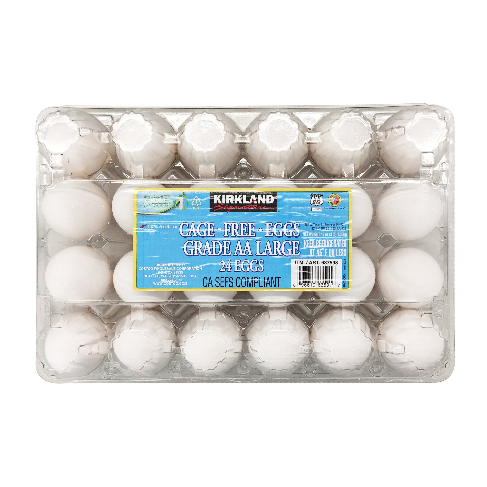 KIRKLAND SIGNATURE CAGE FREE EGGS 24 CT USDA GRADE AA LG