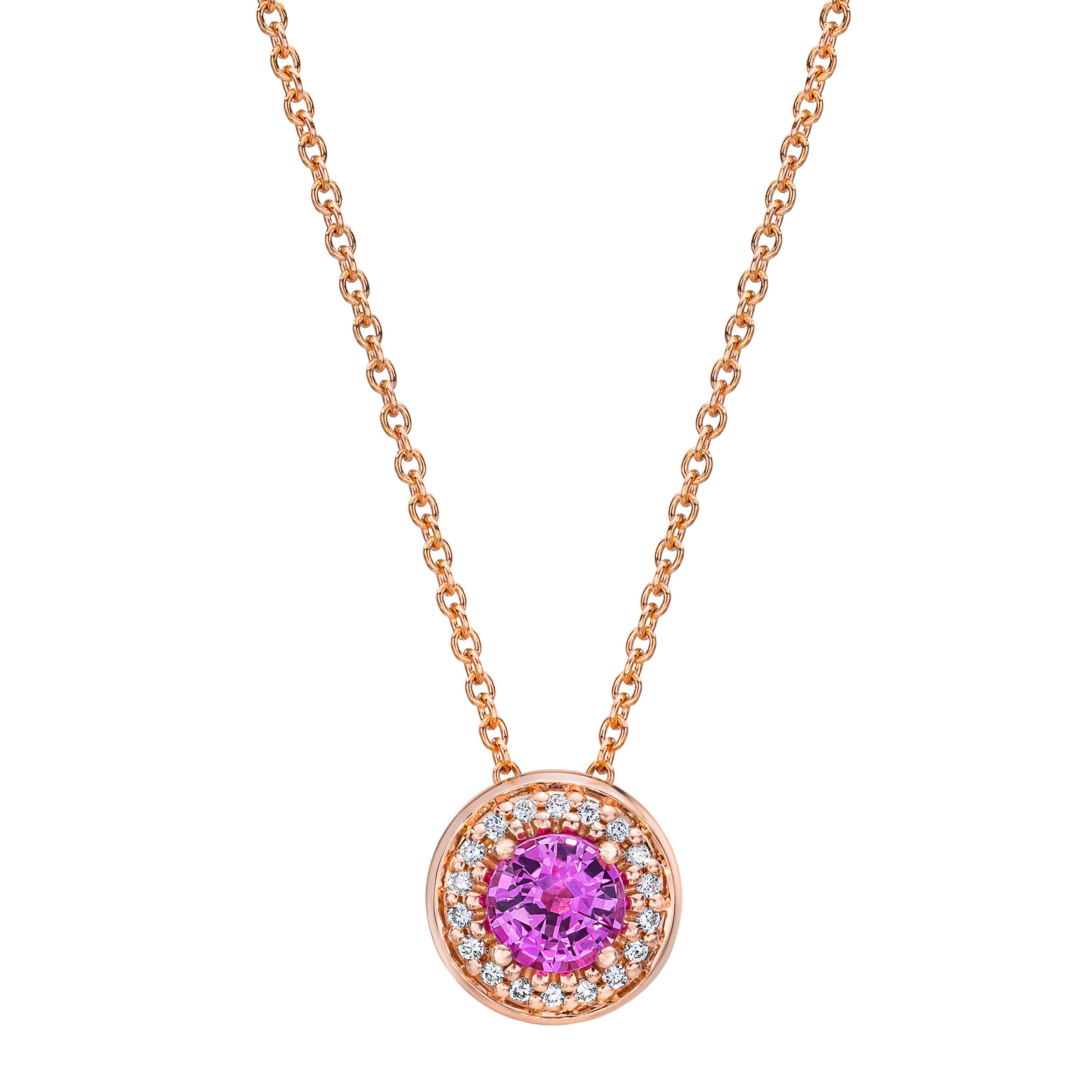 14KT ROSE GOLD .07CTW VS2, I DIAMOND & 5MM PINK SAPPHIRE PENDANT