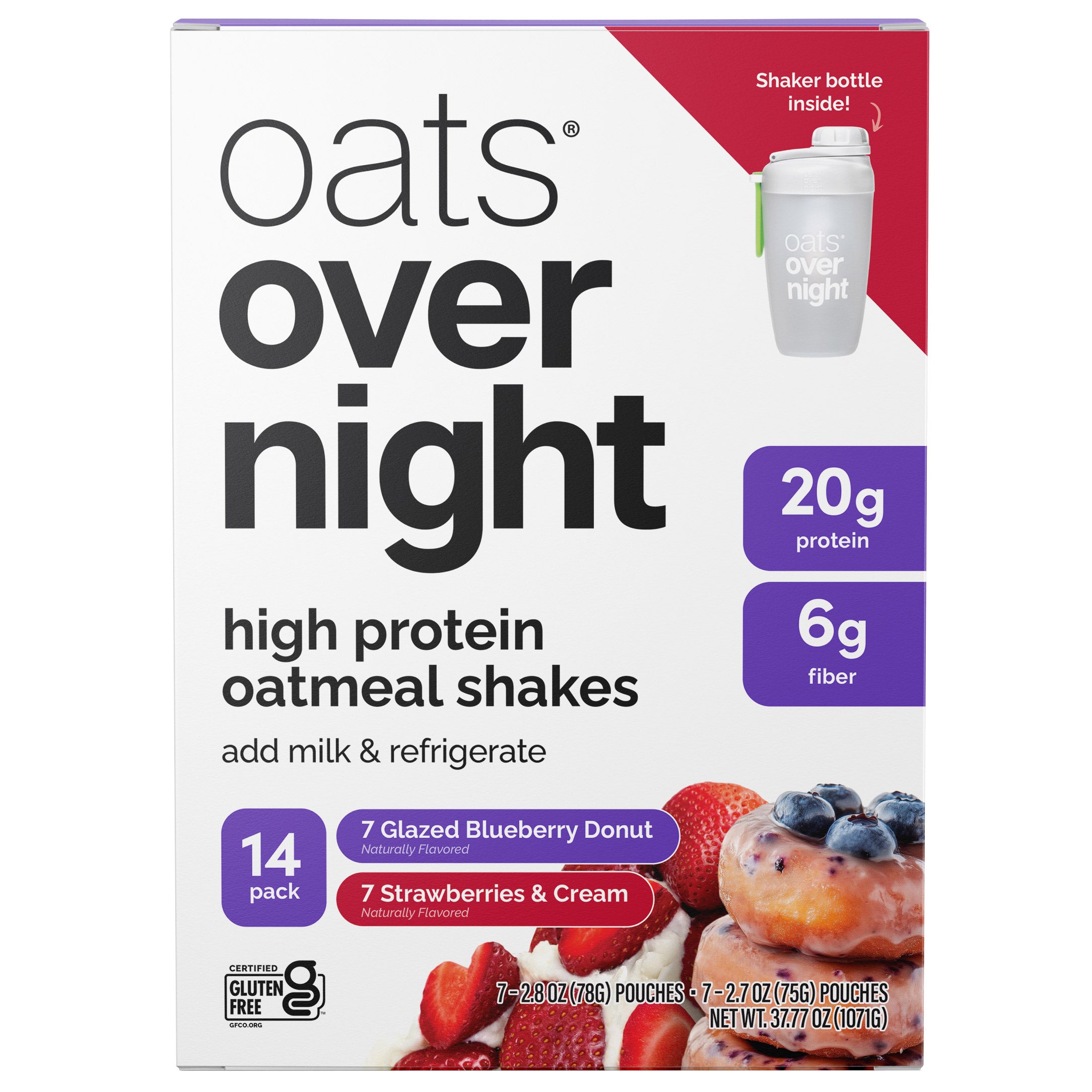 OATS OVERNIGHT HIGH PROTEIN OATMEAL 14 PACK, SHAKER BOTTLE - Image 1