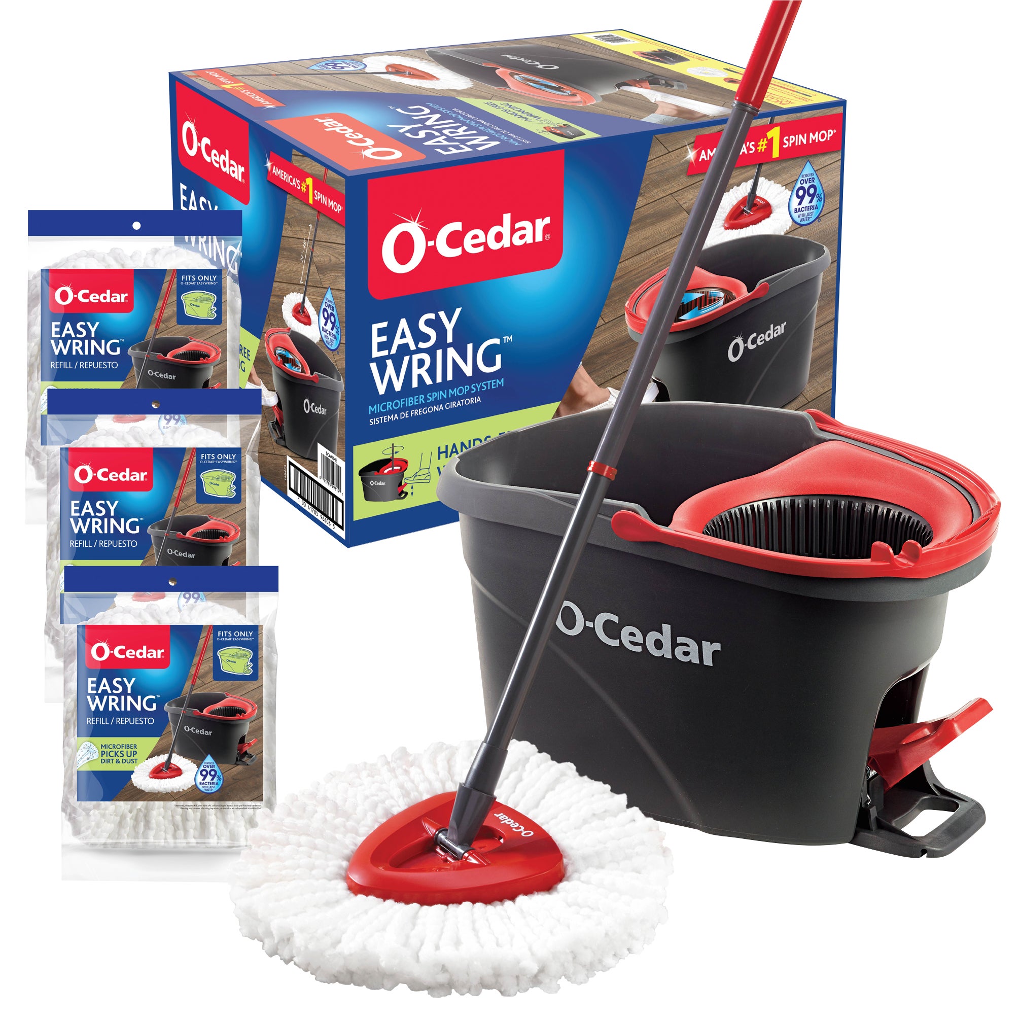 O'CEDAR EASY WRING SPIN BUCKET & MOP WITH 3 REFILLS - Image 1