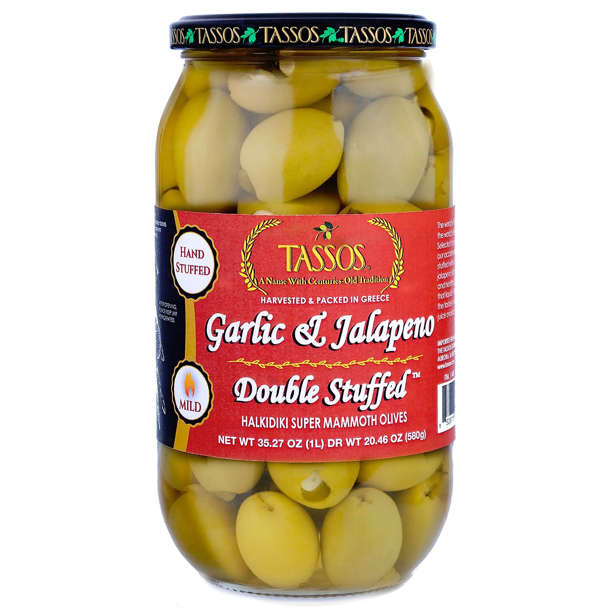 TASSOS GARLIC/JALAPENO OLIVES 20.46 OUNCE JAR