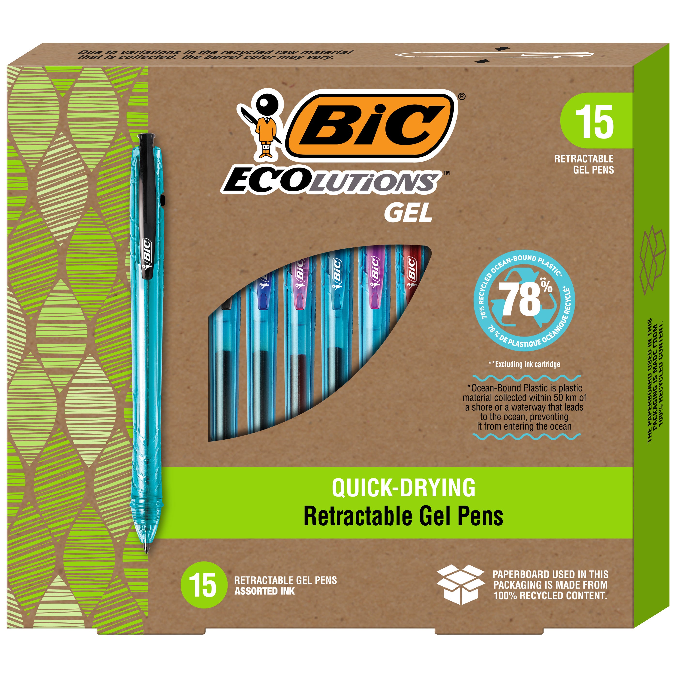 BIC ECOLUTIONS 15CT RETRACTABLE GEL PEN
