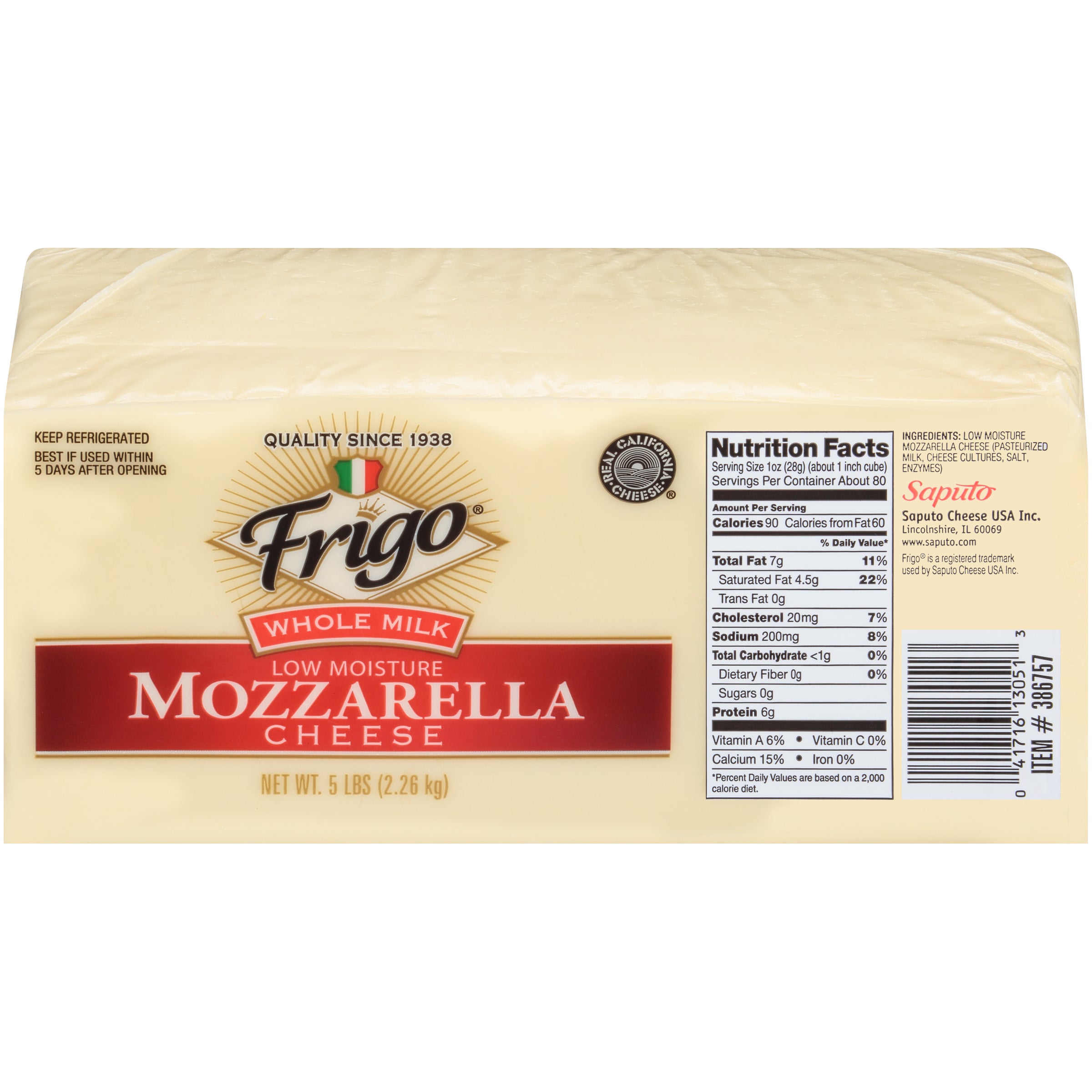 FRIGO WHOLE MILK MOZZARELLA LOAF 80 OZ (5 LBS) - Image 1