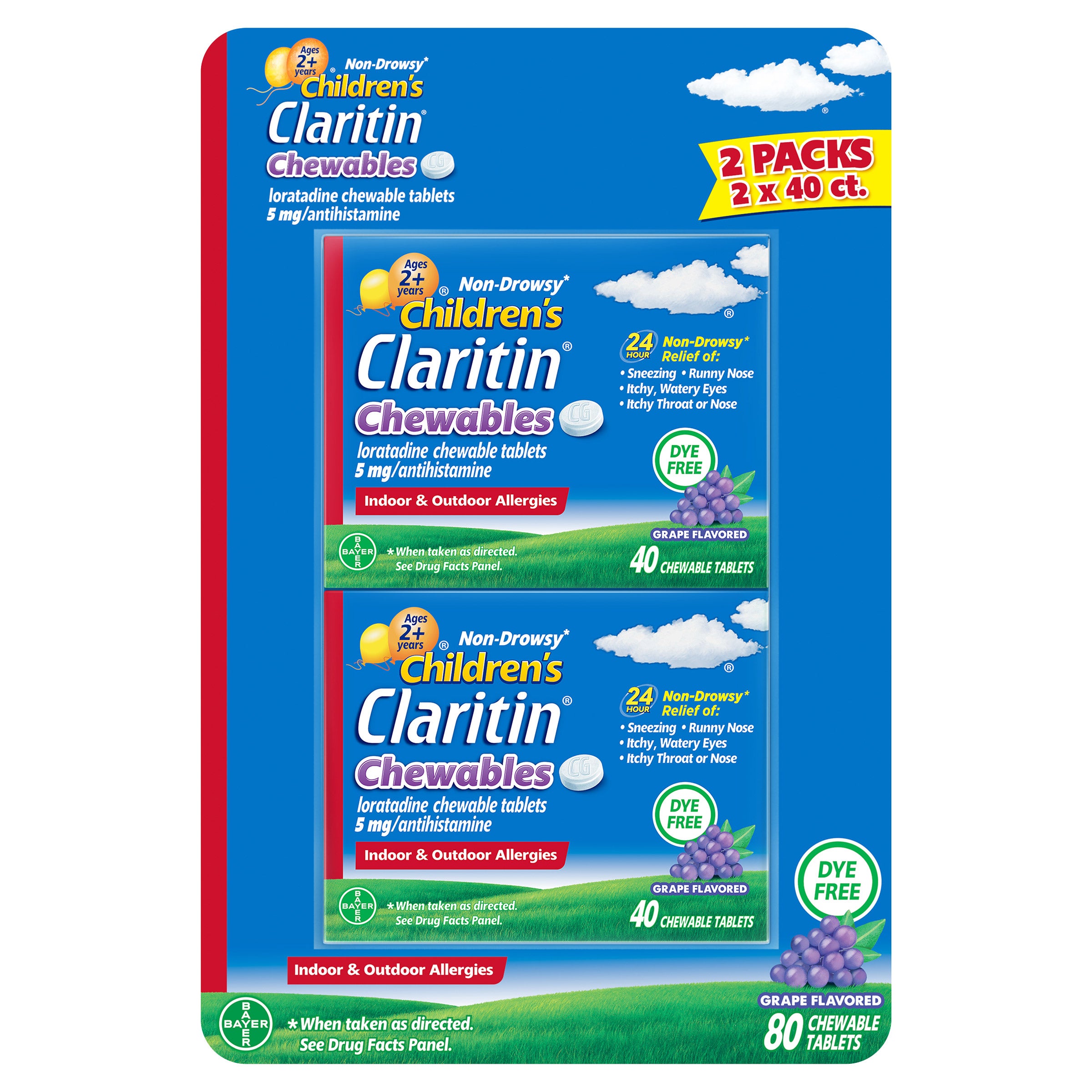 CLARITIN CHILDREN'S DYE-FREE CHEWABLE 5MG GRAPE TABLET 80 COUNT - Image 1