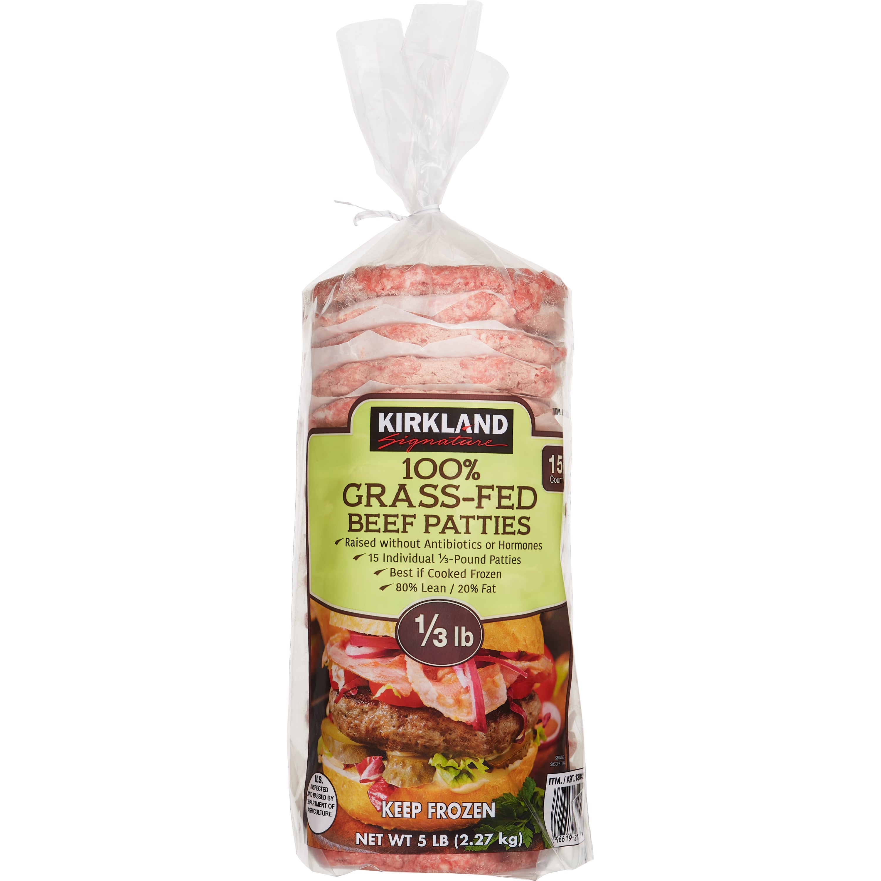 KIRKLAND SIGNATURE 1/3 LB GRASS FED BEEF PATTIES 15CT - Image 1