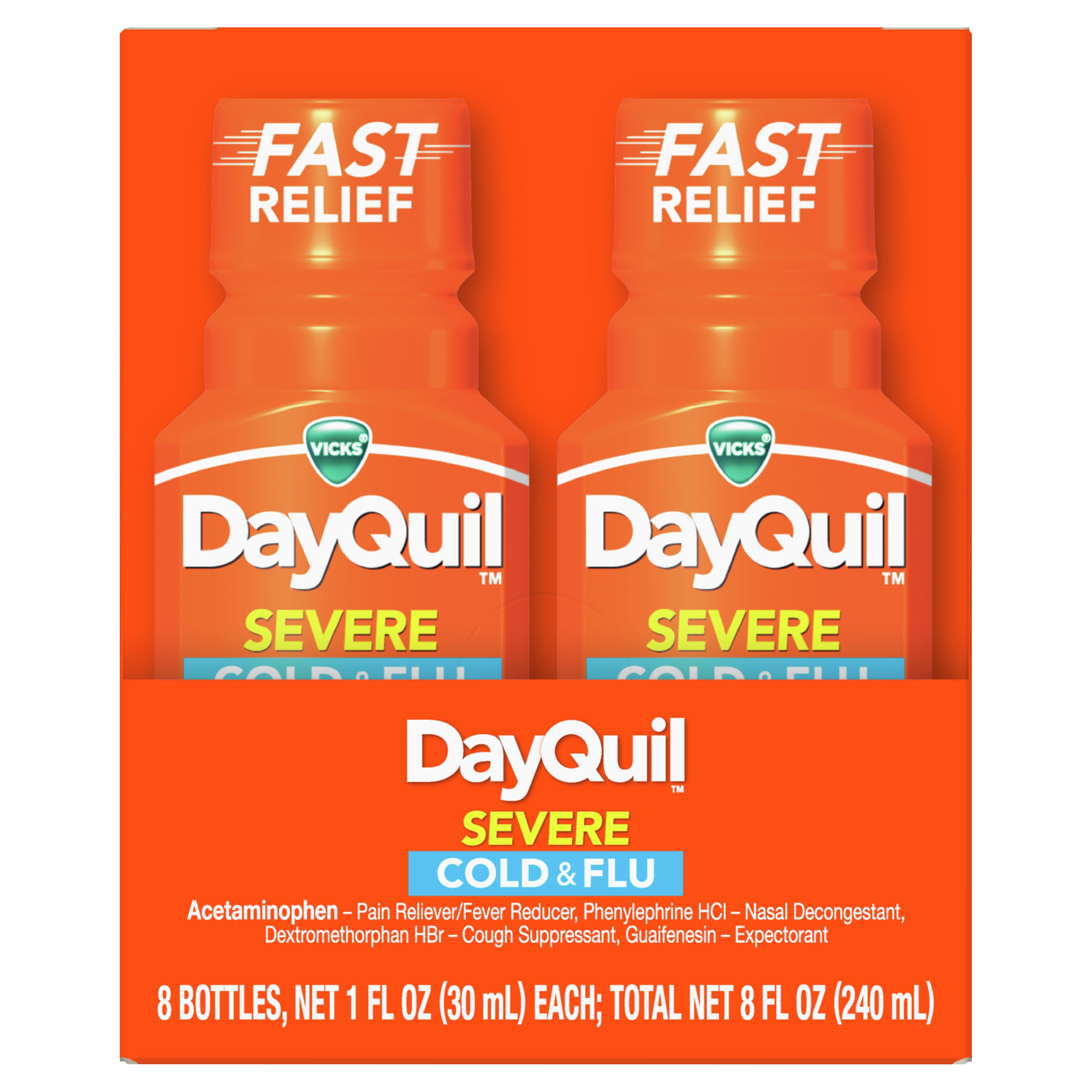 VICKS DAYQUIL SEVERE COLD & FLU 8 X 1 OZ MINI BOTTLES - Image 1