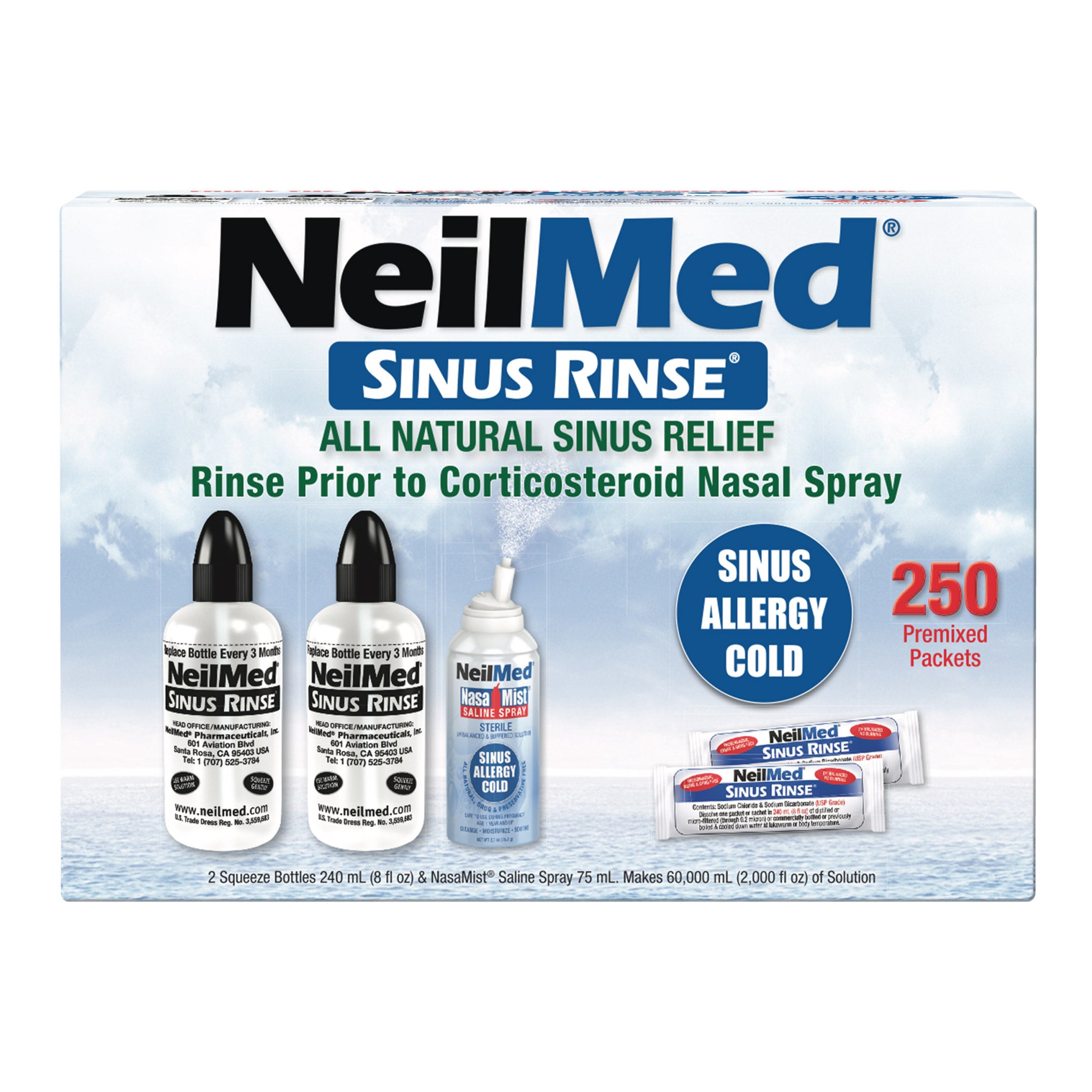 NEILMED SINUS RINSE W/ 2 BOTTLES/250 PACKETS & NASAMIST TRAVEL SIZE - Image 1