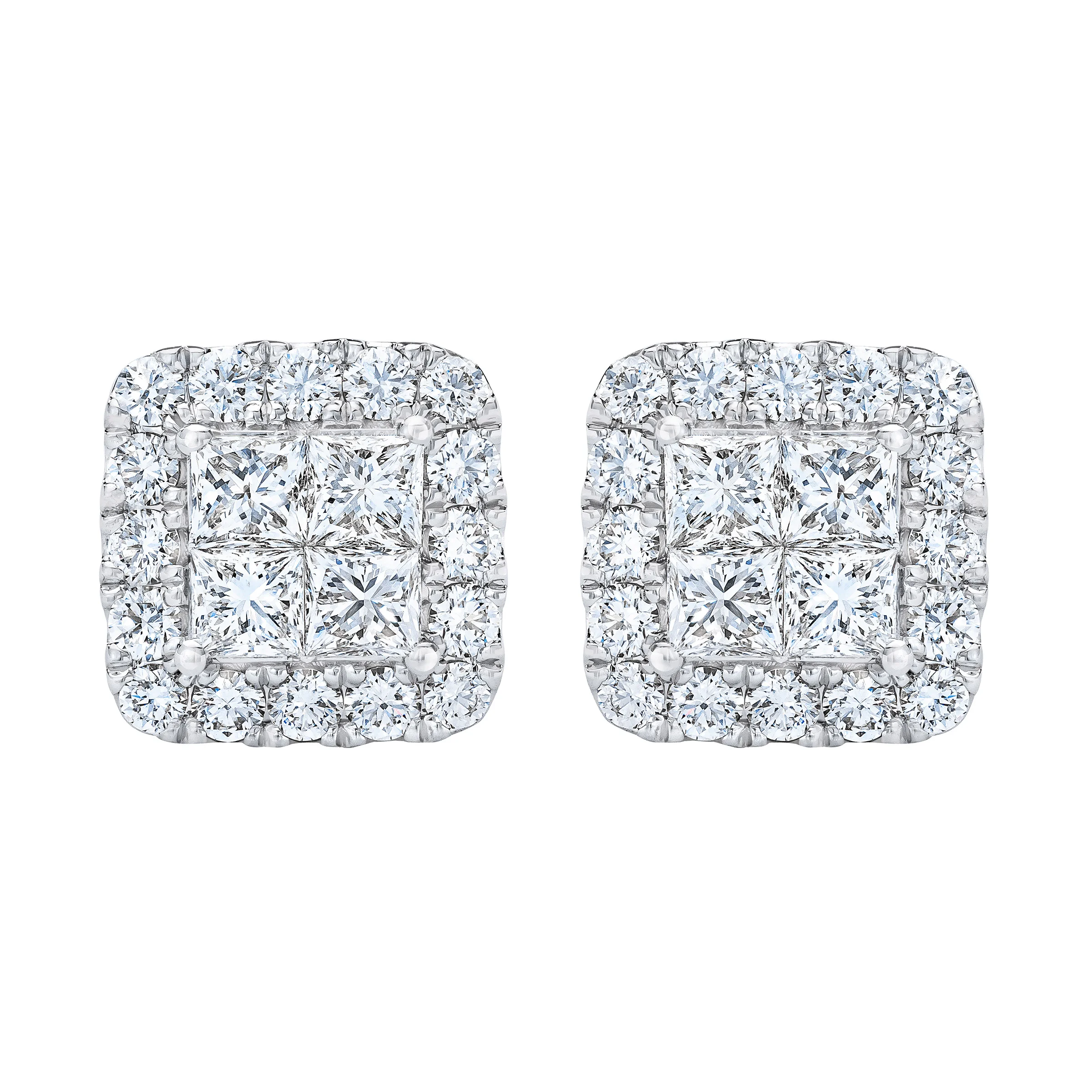 14KT WHITE GOLD VS2 G 1.50CTW PRINCESS CUT & ROUND STUD EARRINGS