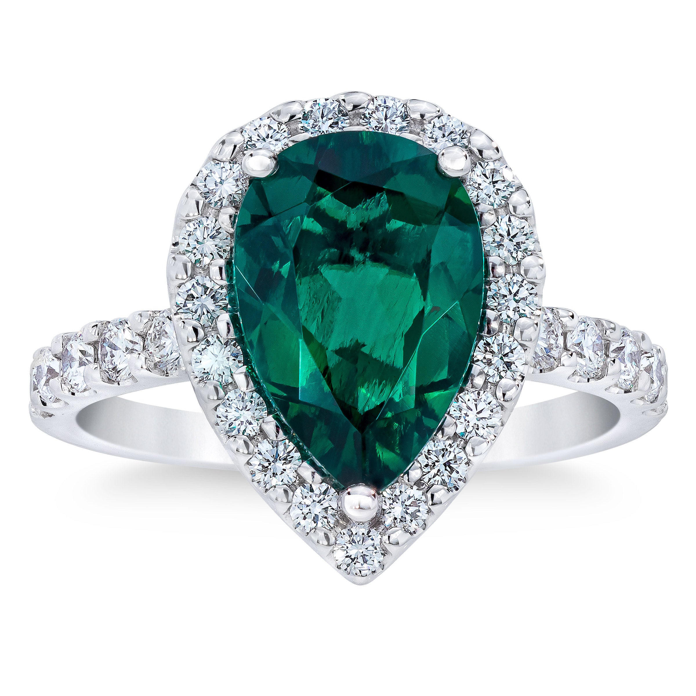 14KT WHITE GOLD VS2 I .65CWT DIAMOND & PEAR LAB EMERALD RING - Image 1
