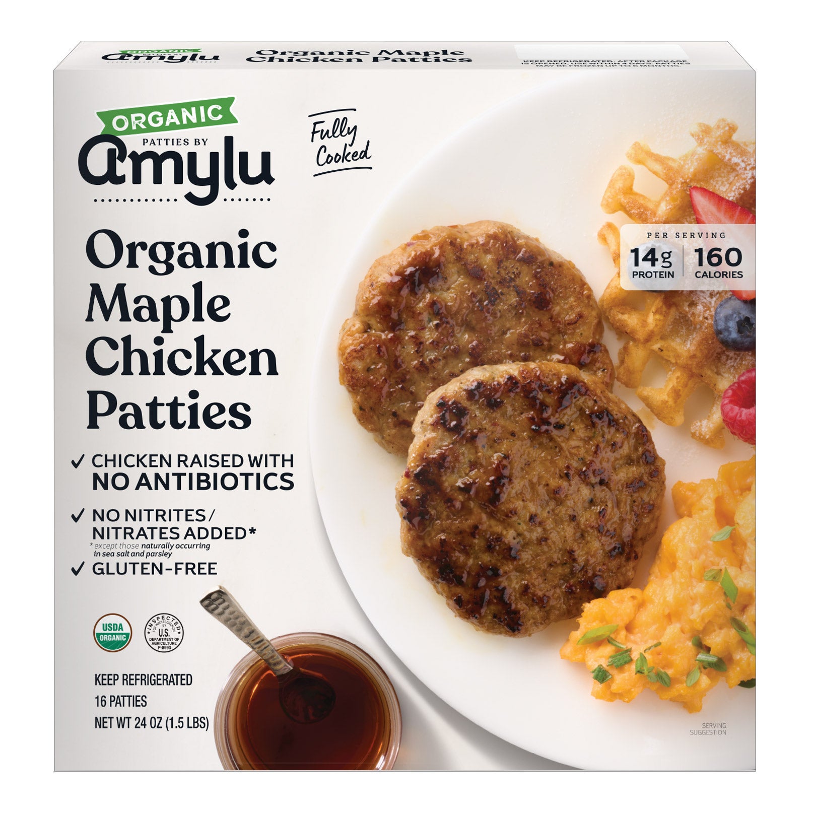 AMYLU ORGANIC MAPLE CHICKEN PATTIES 16/1.5OZ - Image 1