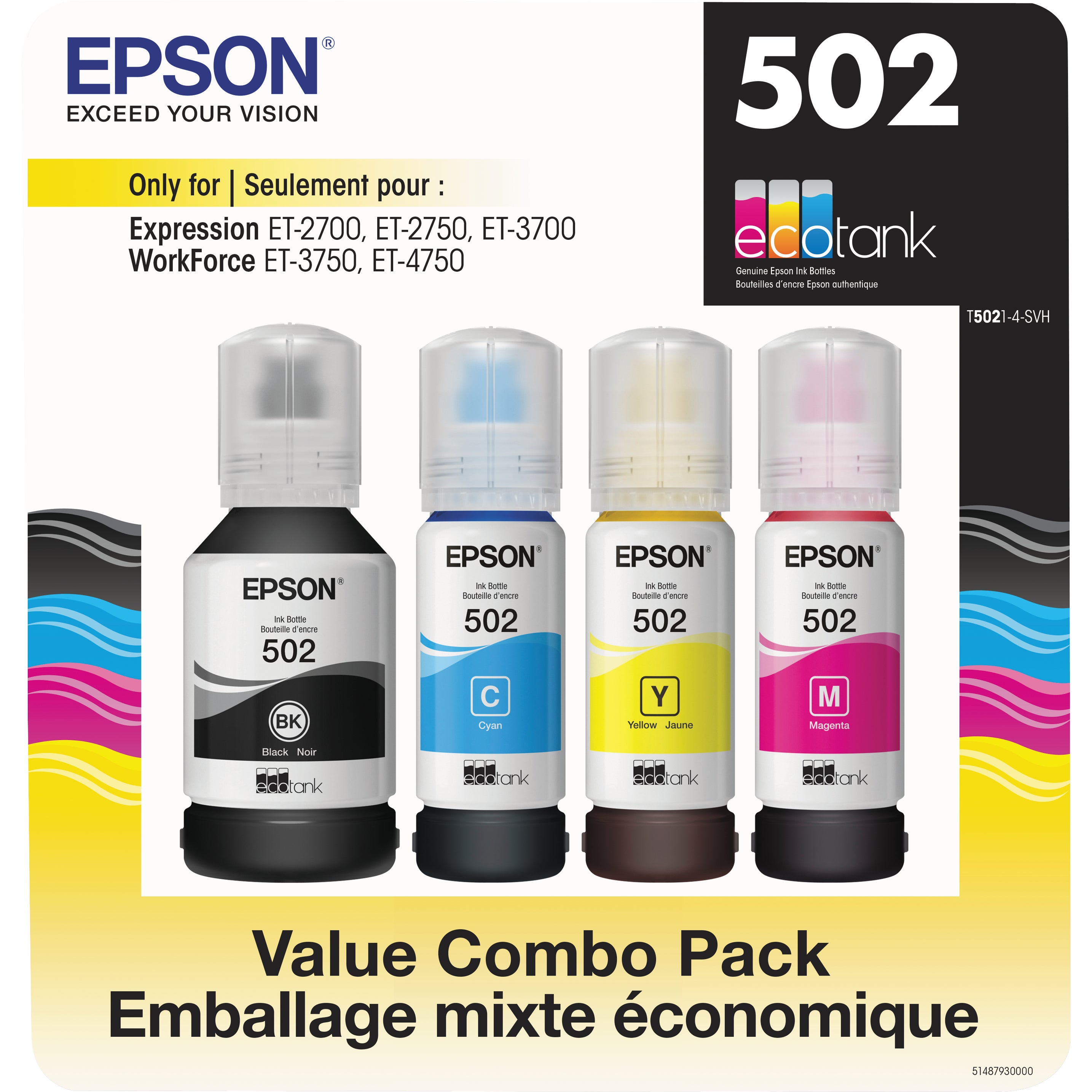 EPSON 502 INK BOTTLES BLACK/COLOR COMBO 4PK