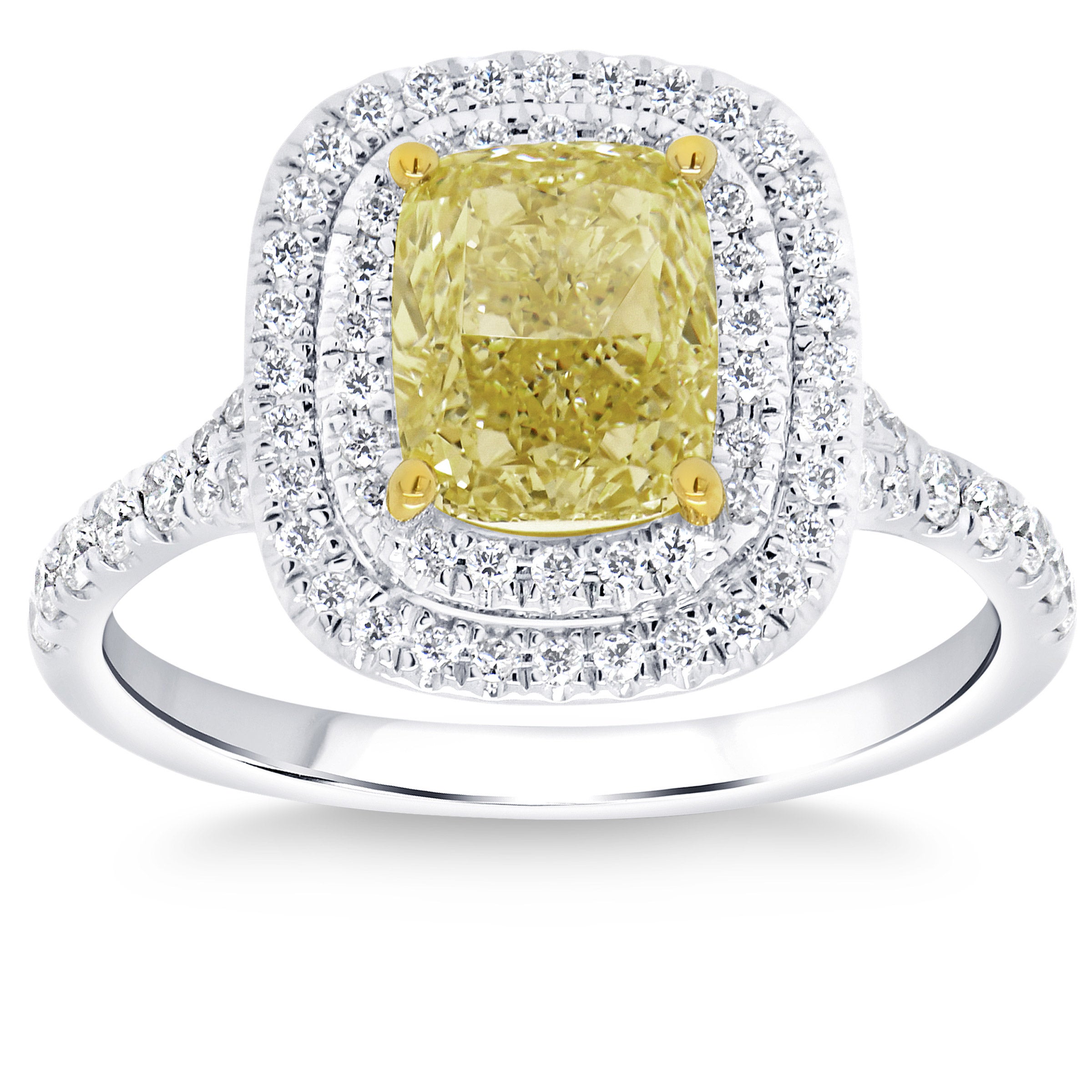 2.01CT CUSHION CUT FANCY YELLOW 2.42CTW DIAMOND PLATINUM RING - Image 1