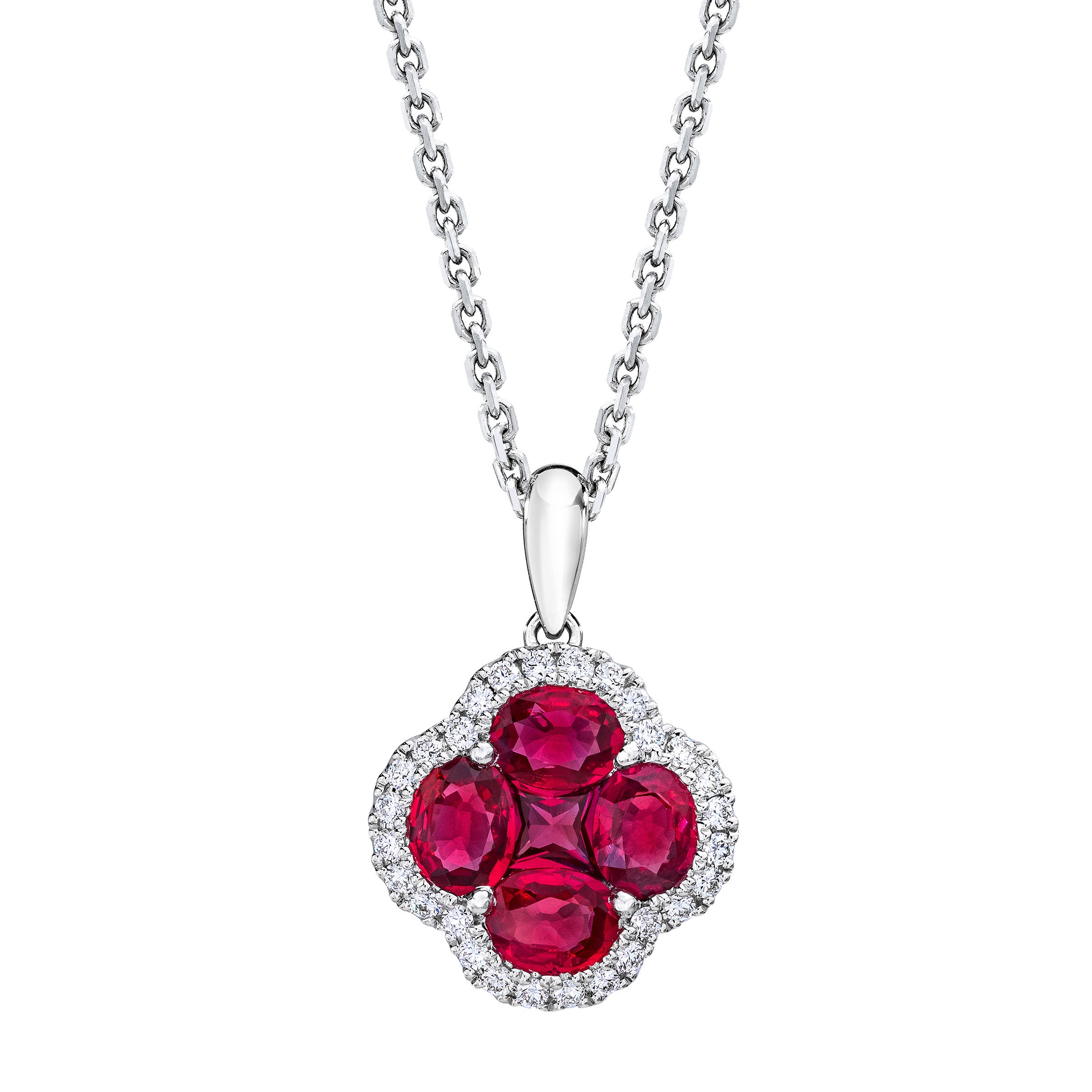 14KT WHITE GOLD .11CTW VS2 I DIAMOND AND RUBY CLOVER NECKLACE - Image 1