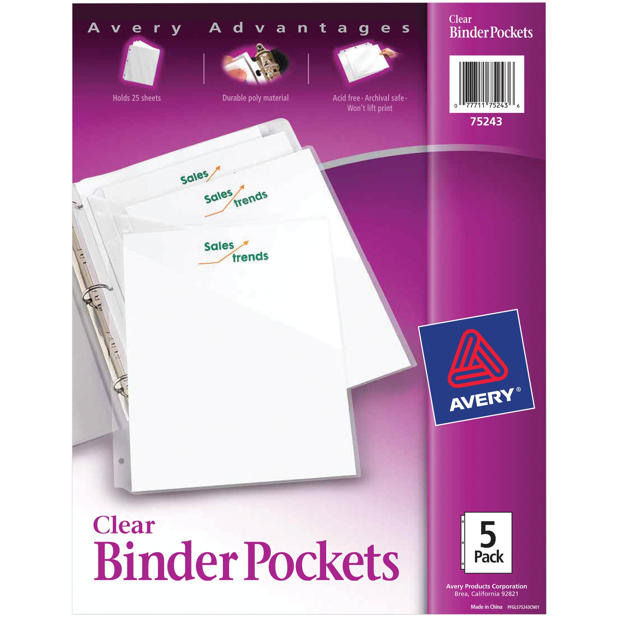 AVERY 30 POCKETS CLEAR BINDER POCKETS AVE75243KT 6CT