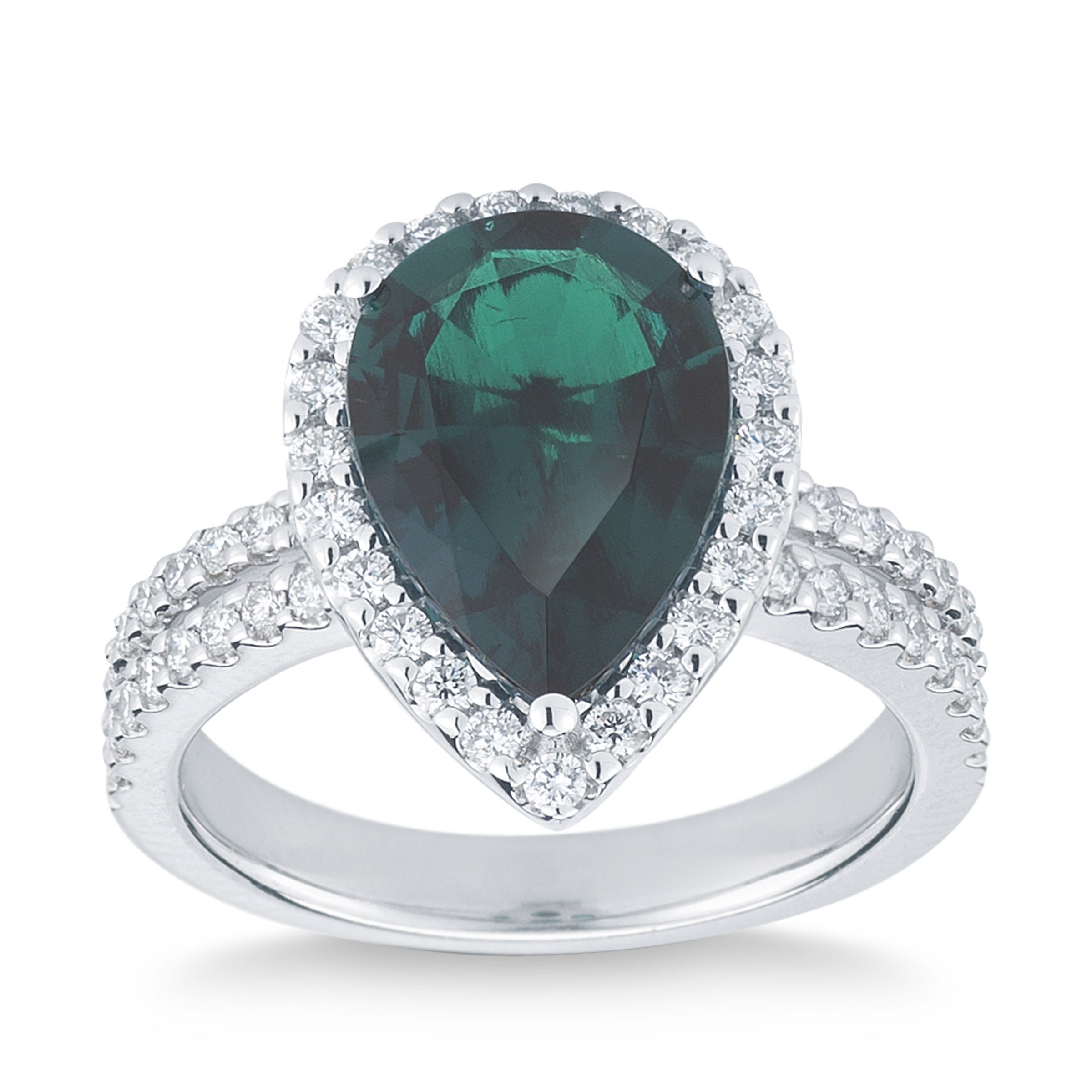 14KT WHITE GOLD .58CTW VS2, I DIAMOND AND LAB EMERALD RING