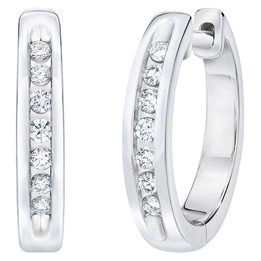 14KT WHITE GOLD VS2 I 0.12CTW ROUND DIAMOND CHANNEL SET HOOPS - Image 1