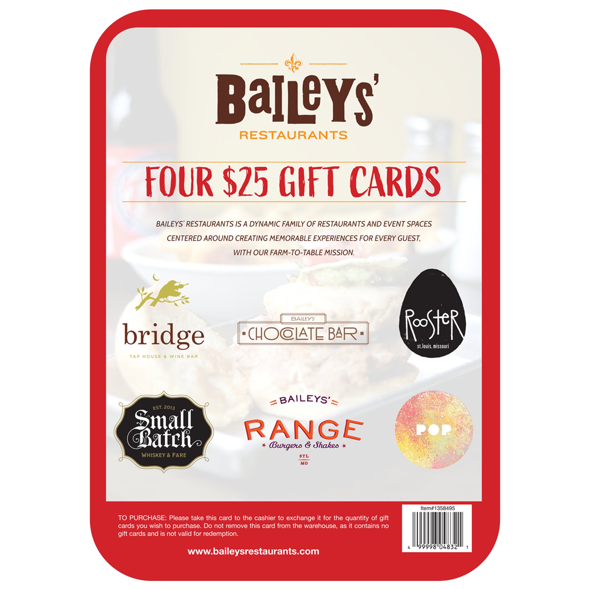 BAILEY'S RESTAURANT 4/$25 GIFT CARDS ITEM IS NON-REFUNDABLE - Image 1