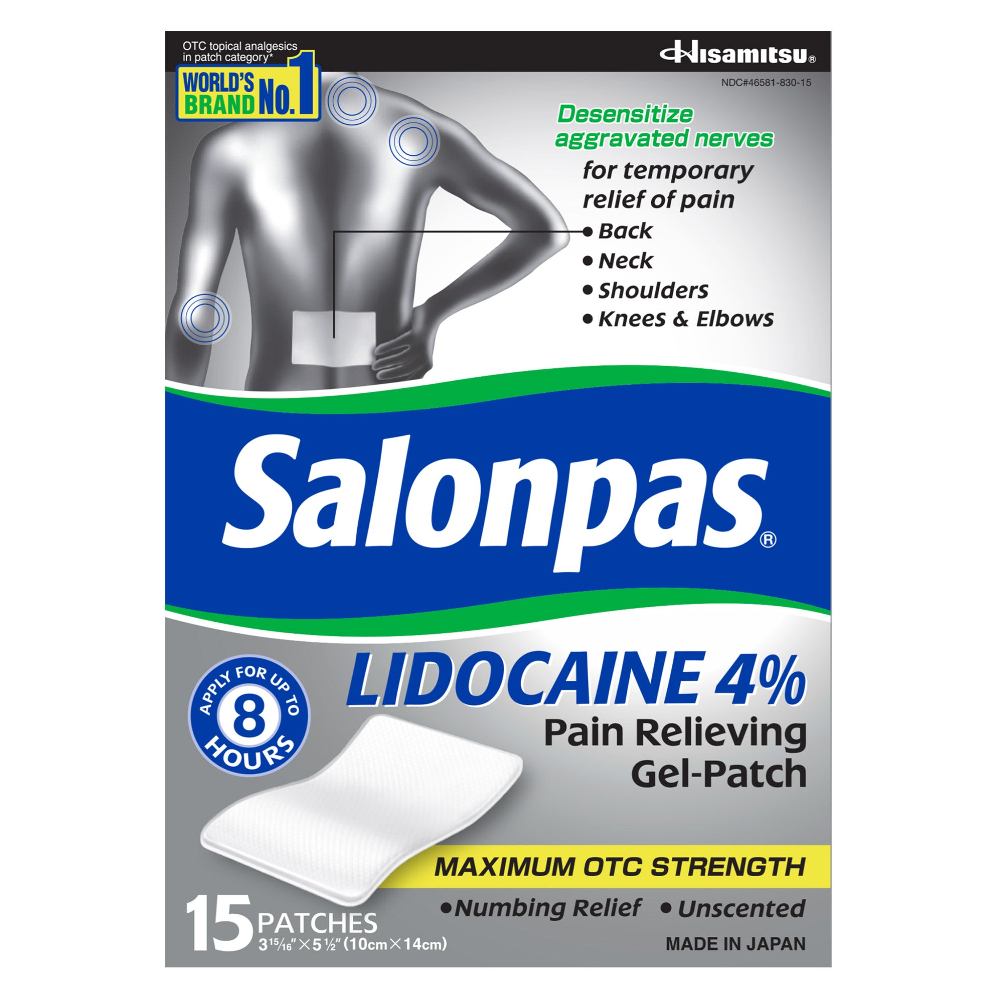 SALONPAS LIDOCAINE 4% PAIN RELIEVING PATCH 15 COUNT - Image 1