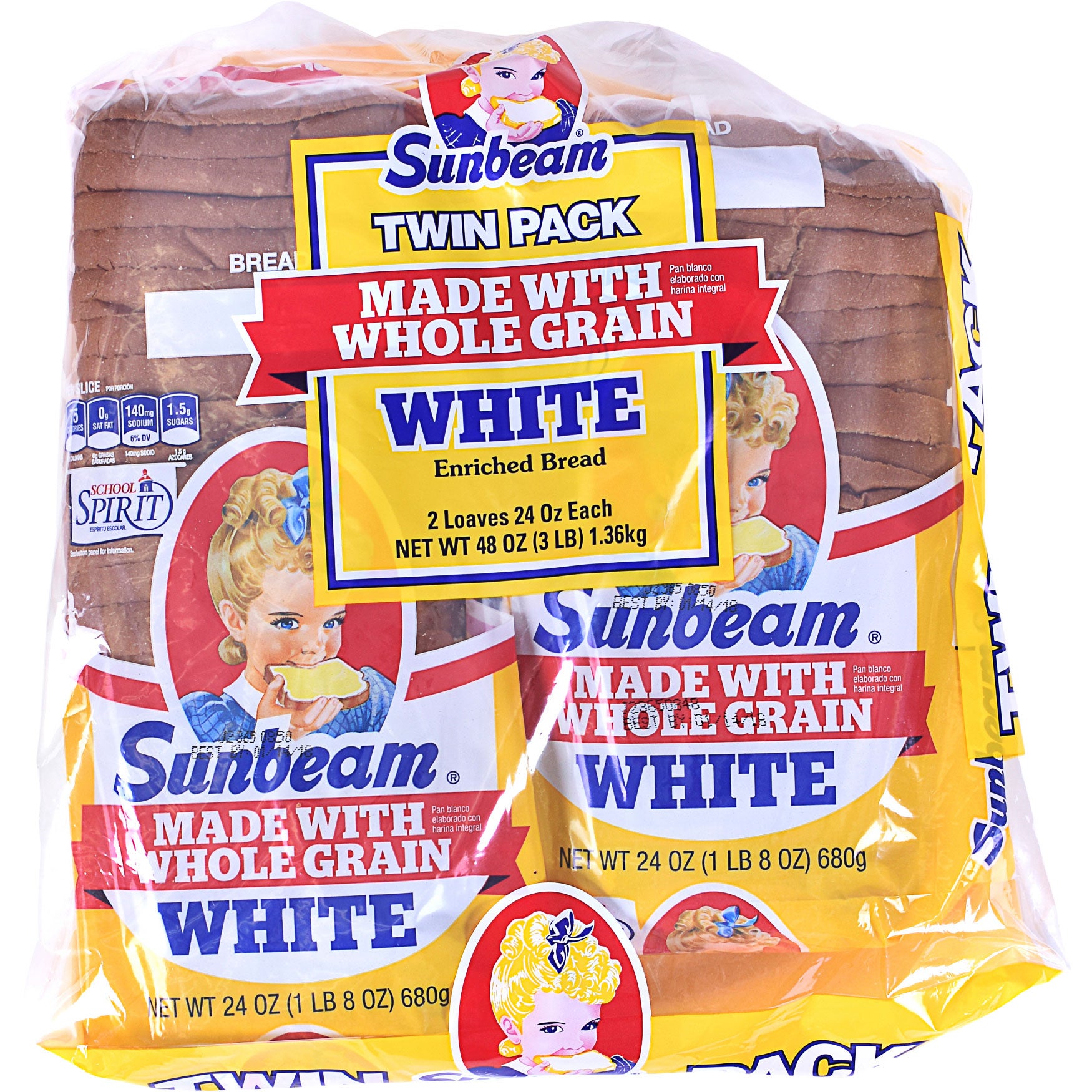 SUNBEAM WHOLE GRAIN WHITE 2/22 OUNCE LOAVES