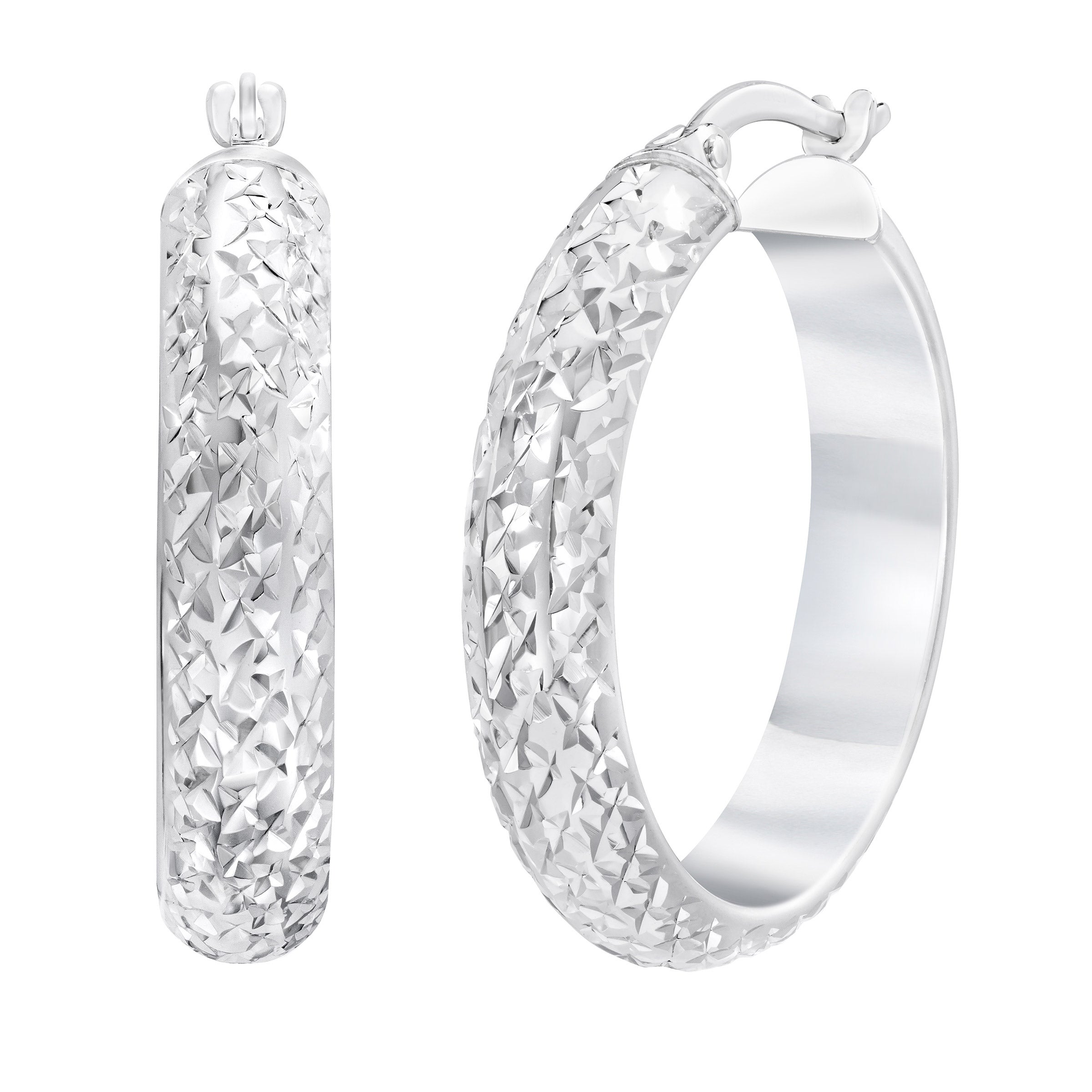 14KT WHITE GOLD DIAMOND CUT HOOP EARRINGS - Image 1