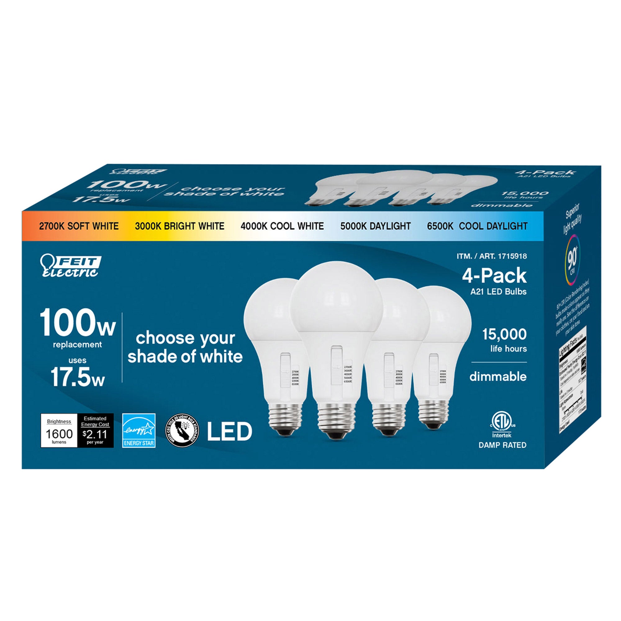 FEIT ELECTRIC LED 100W REPLACEMENT A21 5-CCT 4 PACK ^