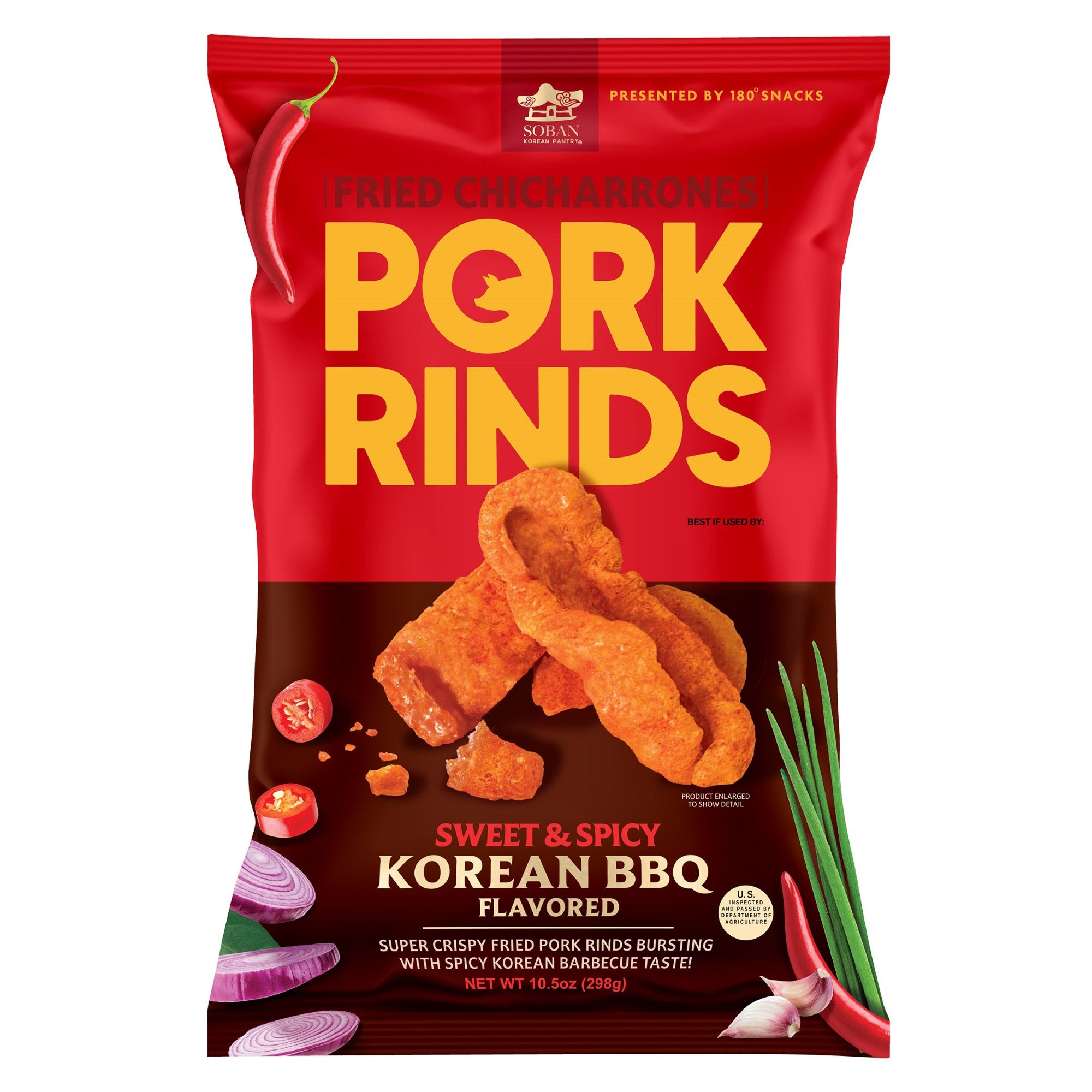 180 SNACKS PORK RINDS KOREAN BBQ FLAVORED 10.5 OZ - Image 1