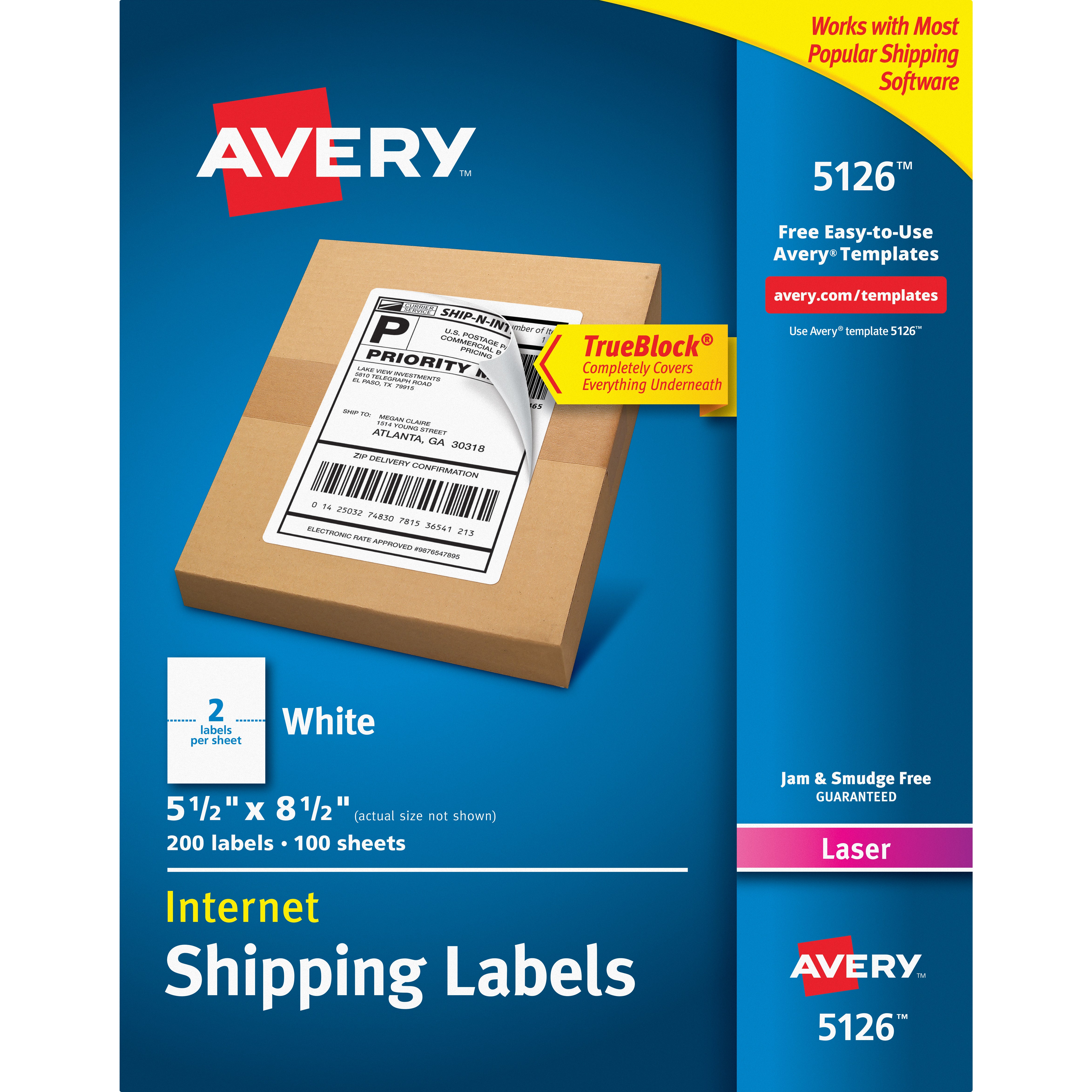AVERY 5126 SHIPPING LABELS 100 SHEETS OF TWO