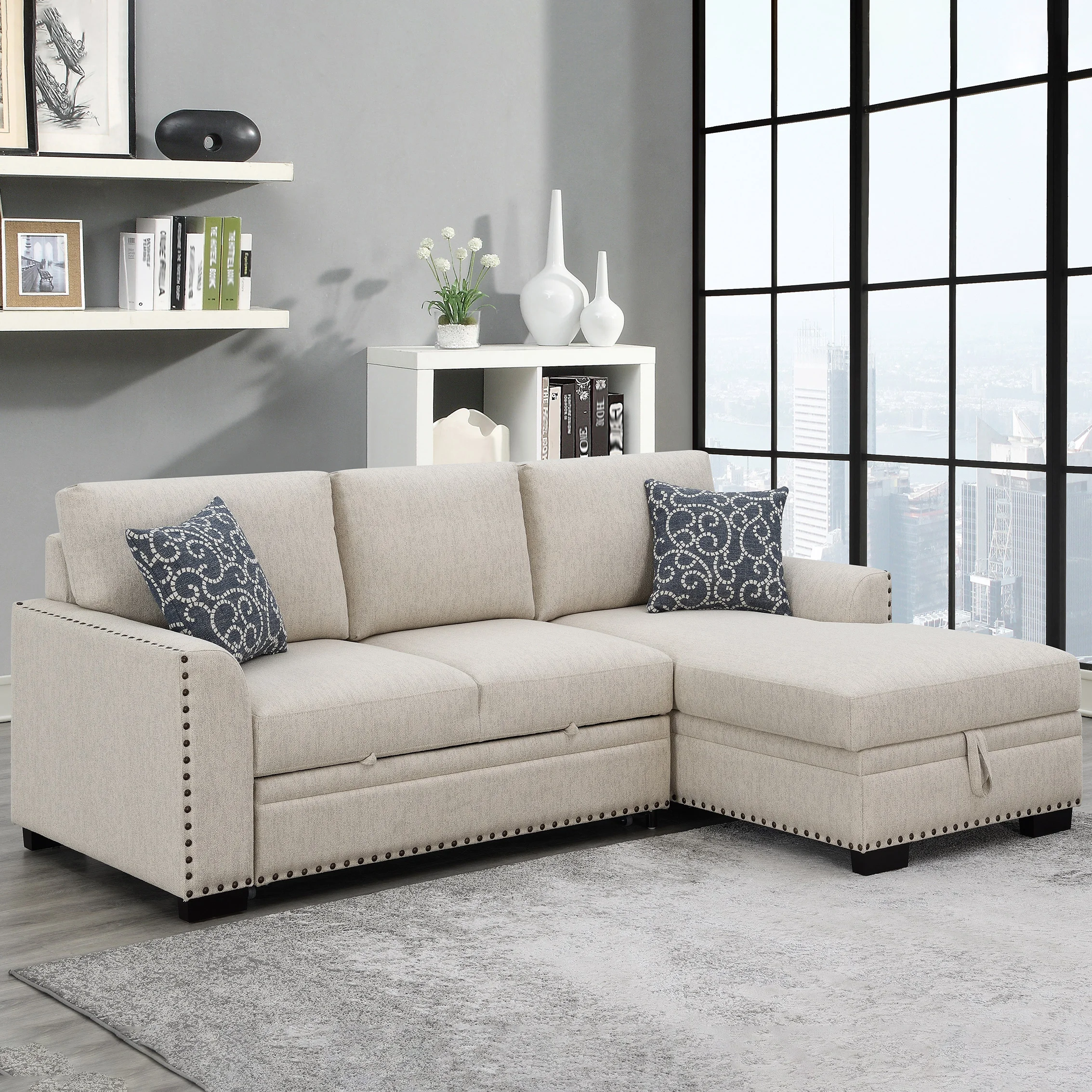 FABRIC SLEEPER SOFA WITH STORAGE CHAISE - Image 1