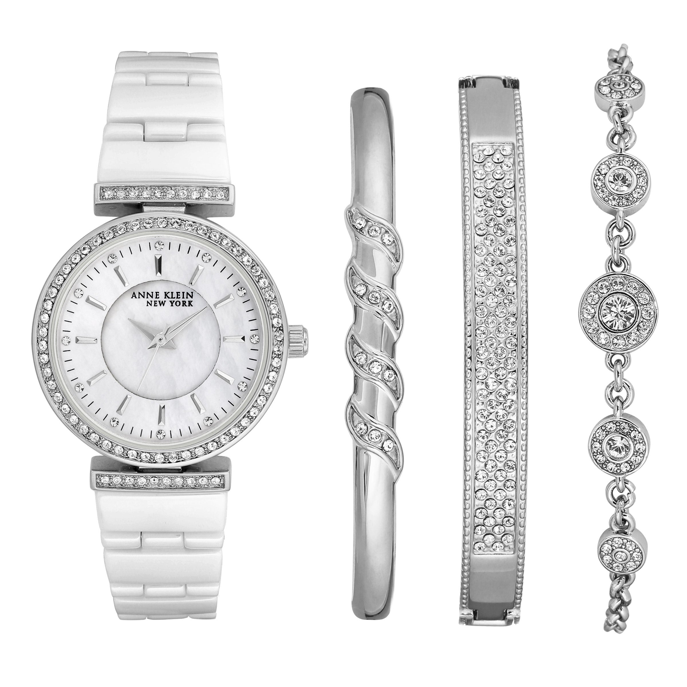 ANNE KLEIN NEW YORK SILVER TONE & CERAMIC LADIES WATCH SET