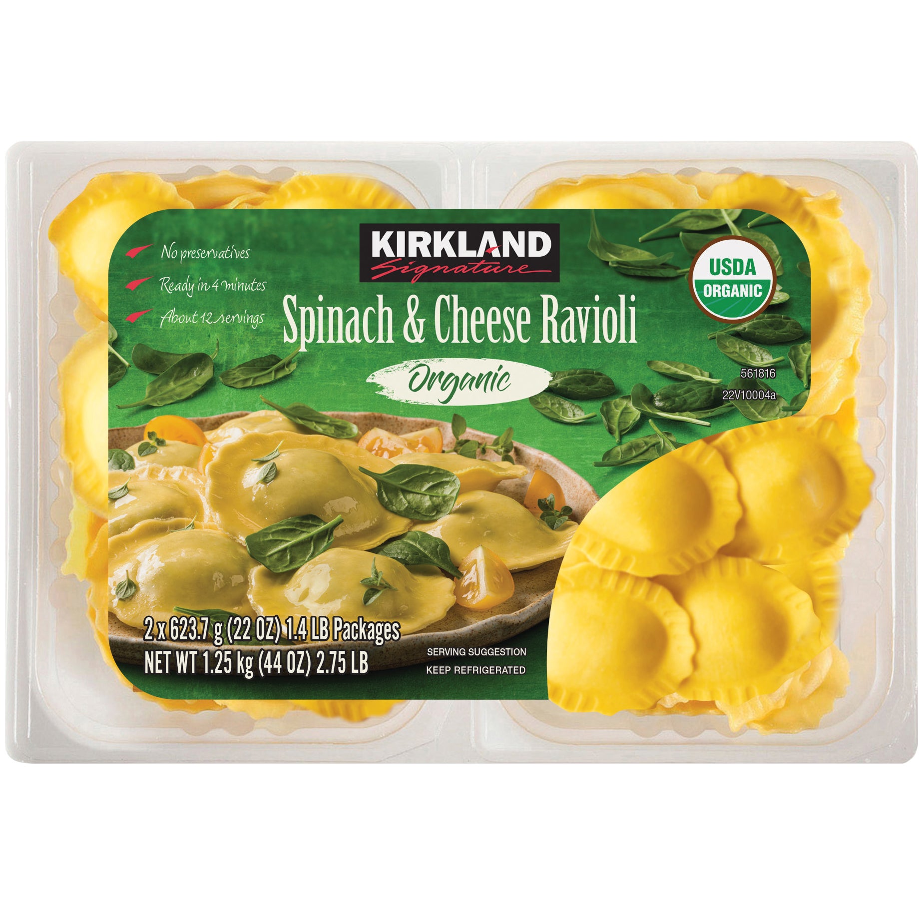 KIRKLAND SIGNATURE ORGANIC SPIN/CHEESE RAVIOLI 2/22 OZ - Image 1