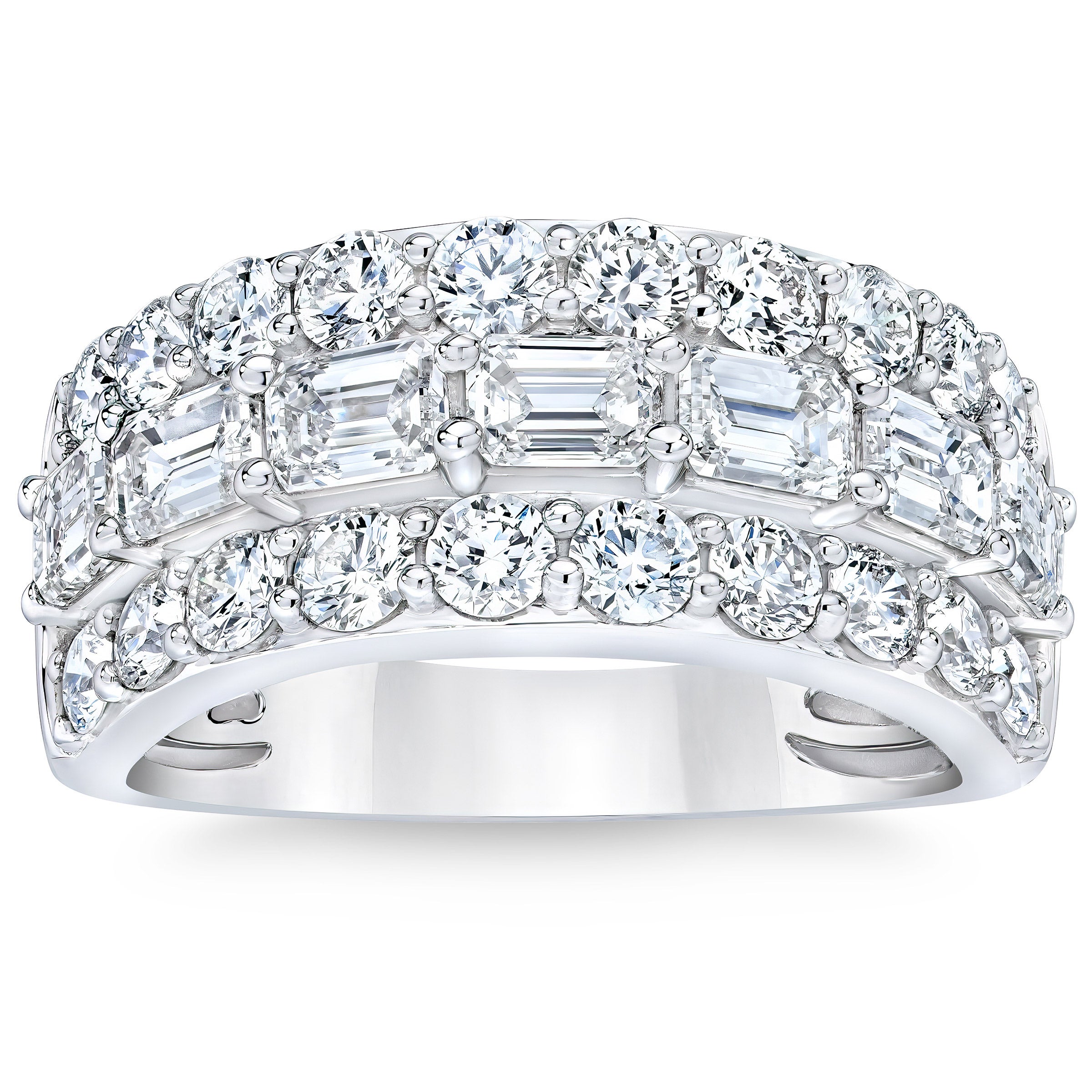PLATINUM 3.10CTW EMERALD AND ROUND 3 ROW BAND - Image 1