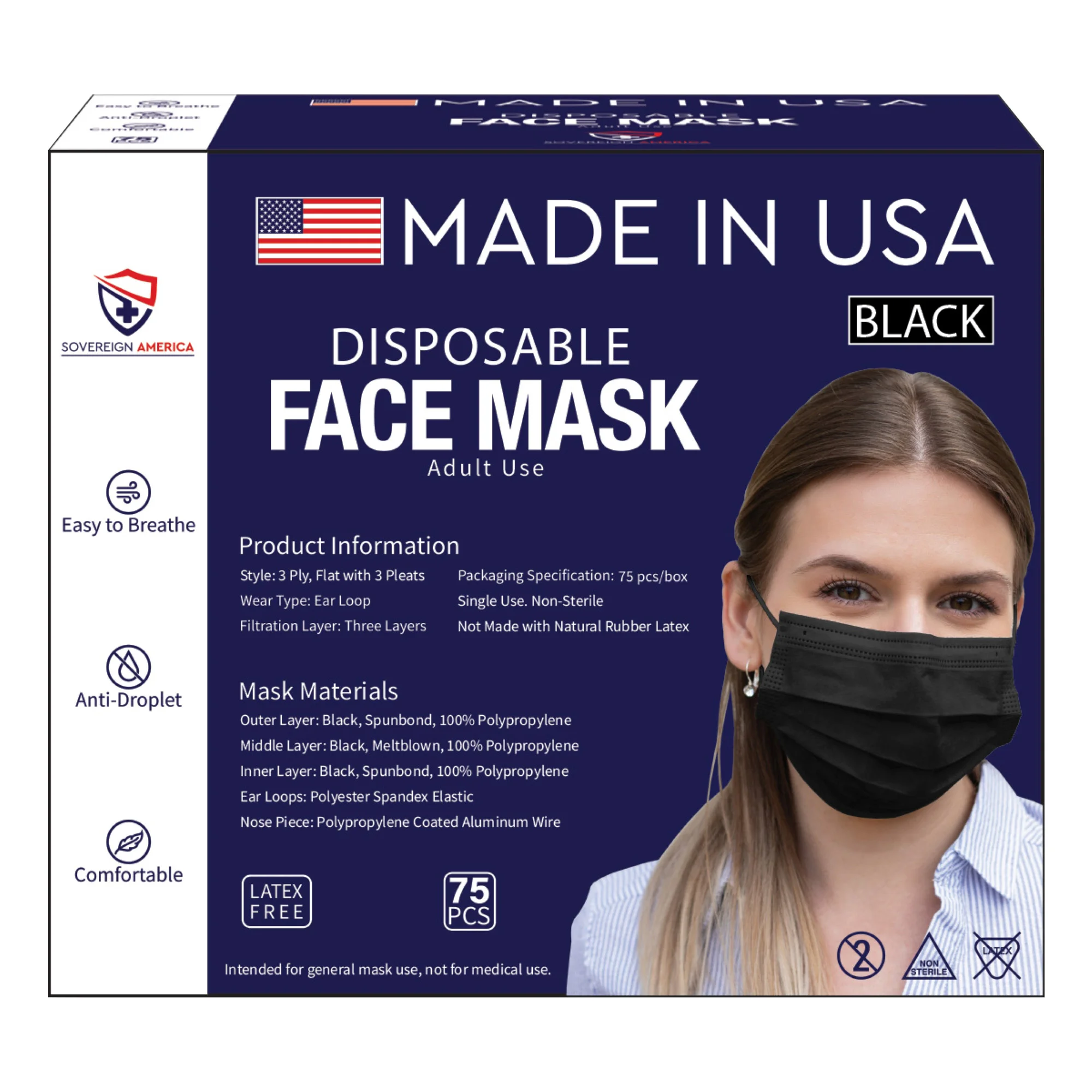 GENERAL USE FACE MASK 75CT BLACK MADE IN USA - Image 1