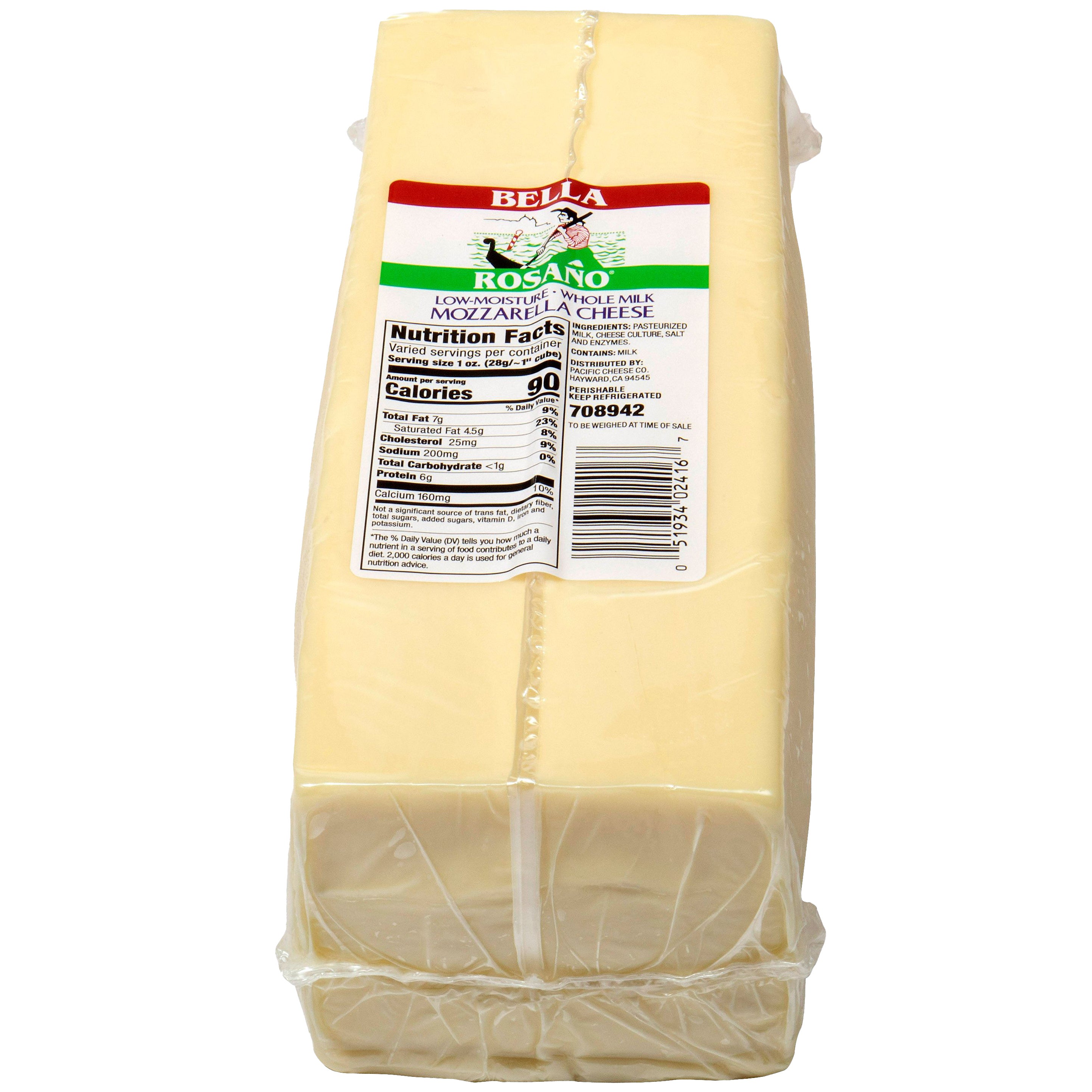 BELLA ROSANO WHOLE MILK MOZZARELLA PER LB (AVG 6LBS)