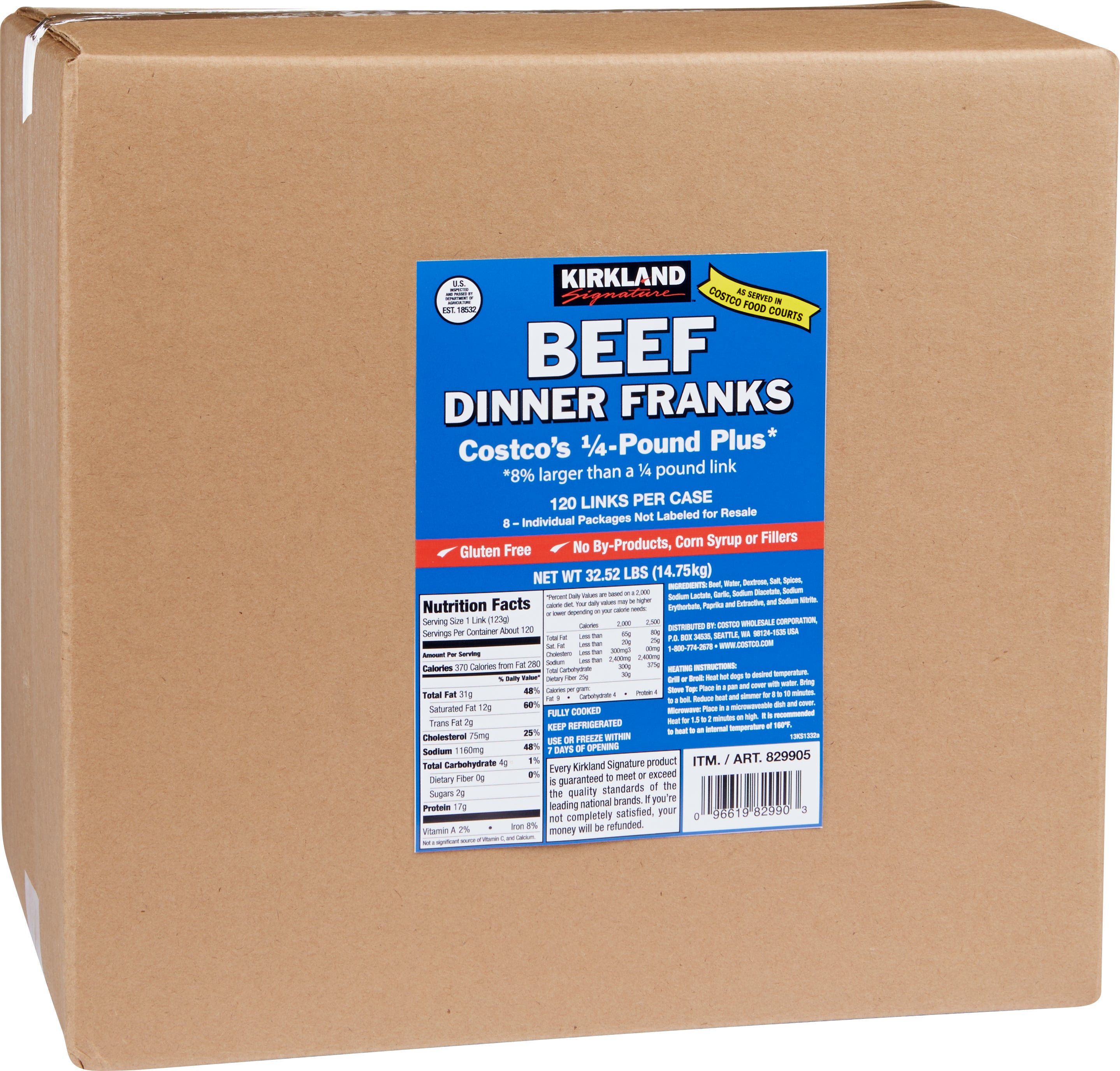 KIRKLAND SIGNATURE BEEF DINNER FRANKS 32.5 LBS (120 LINKS)