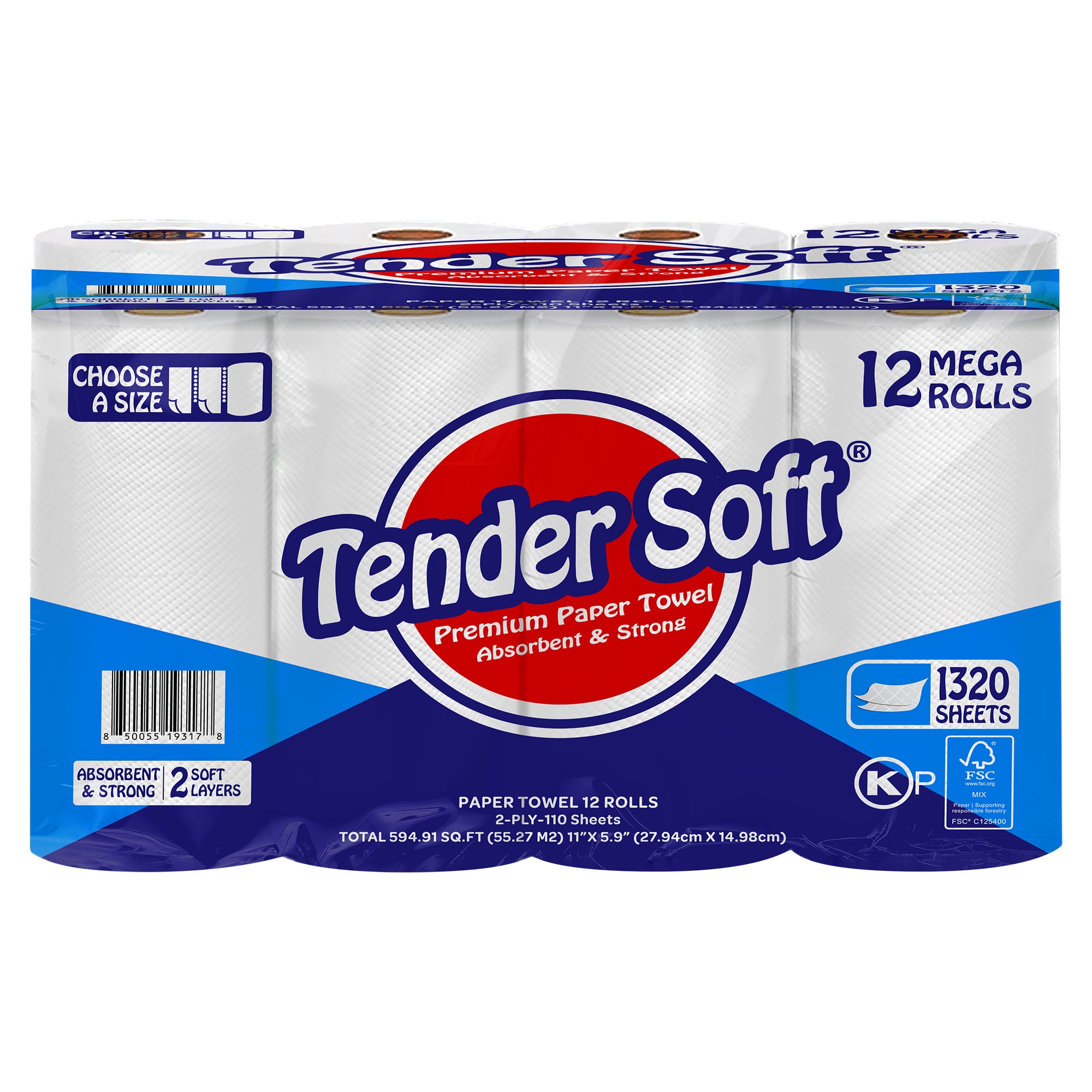 TENDER SOFT PAPER TOWEL 594 SQFT 12 ROLLS / 110 SHEETS