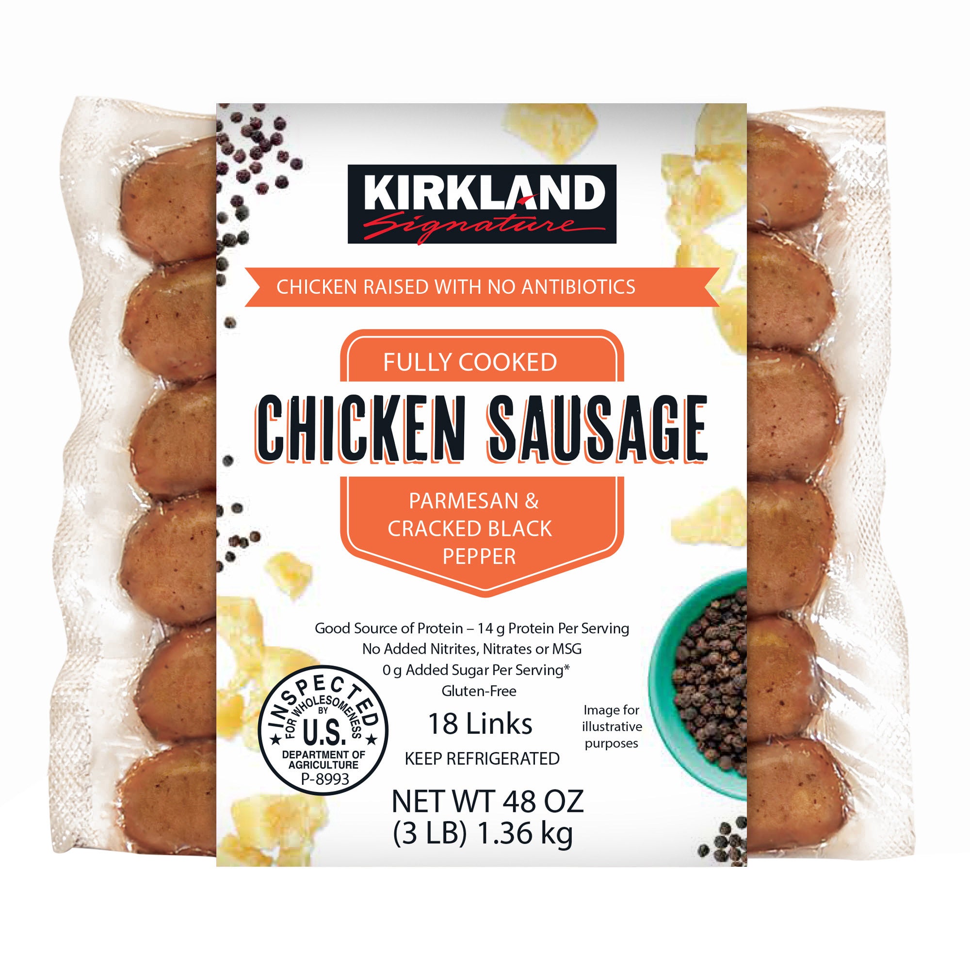 KIRKLAND SIGNATURE PARMESAN BLACK PEPPER CHICKEN SAUSAGE 3 LB