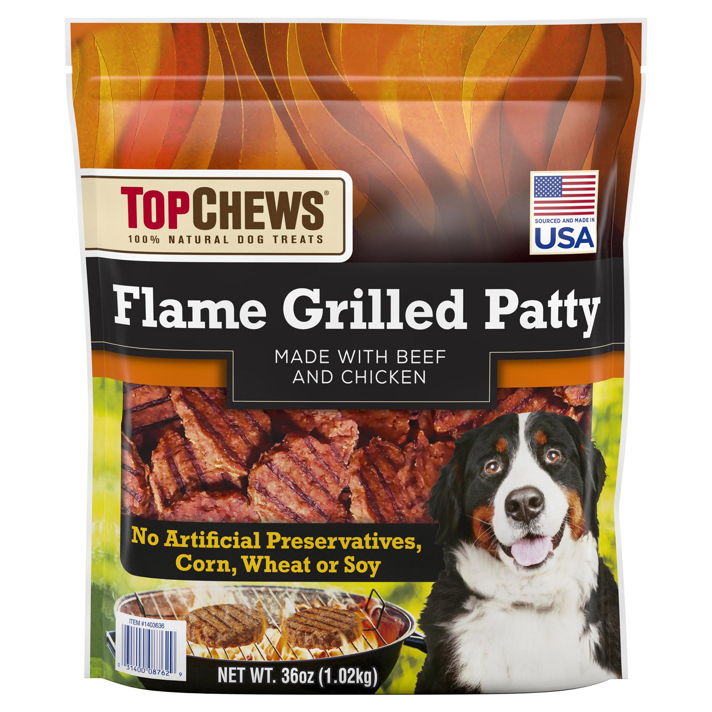 TOP CHEWS FLAME GRILLED PATTY 2.25 POUND PACKAGE