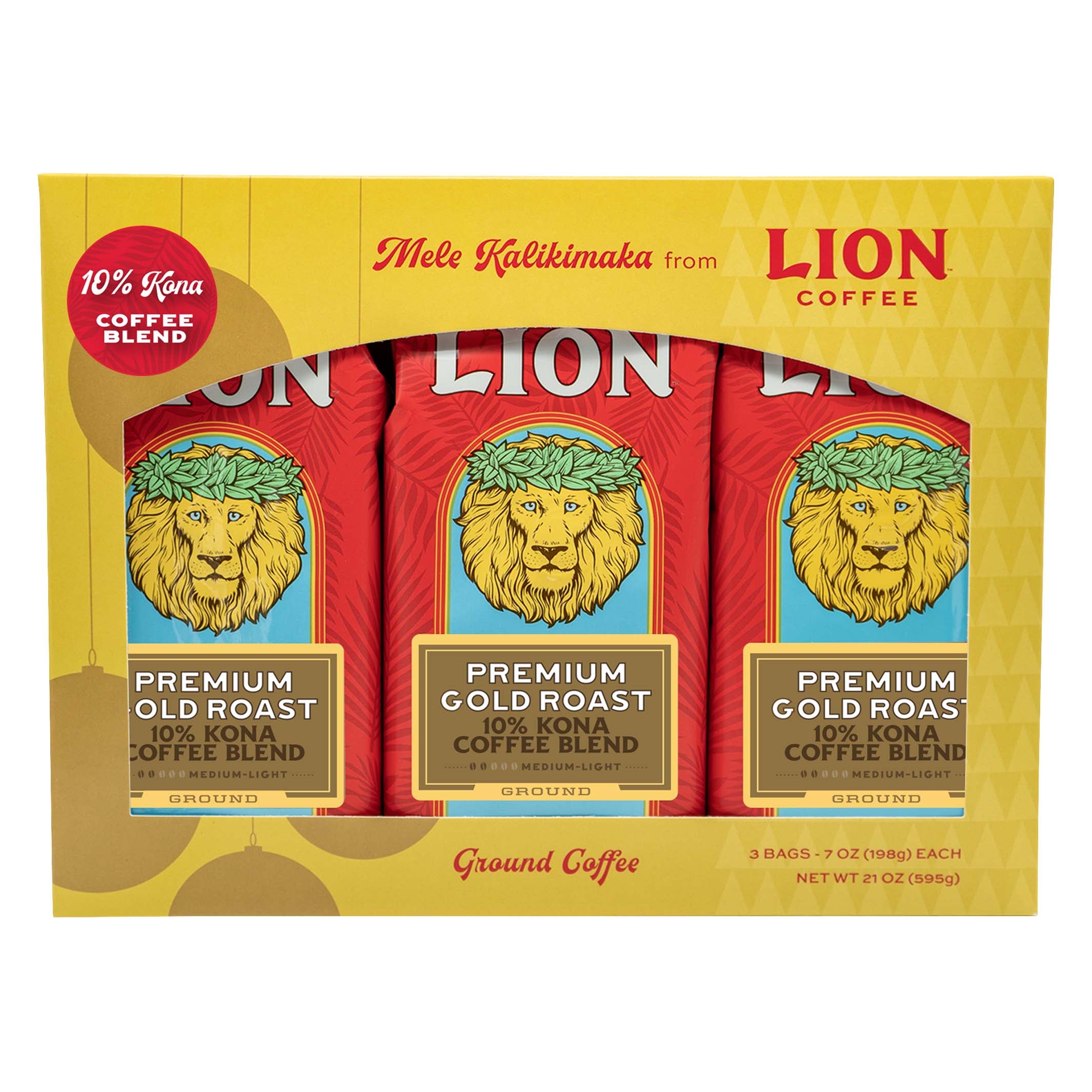 LION COFFEE 10% KONA COFFEE GOLD ROAST BLEND 3/7 OZ