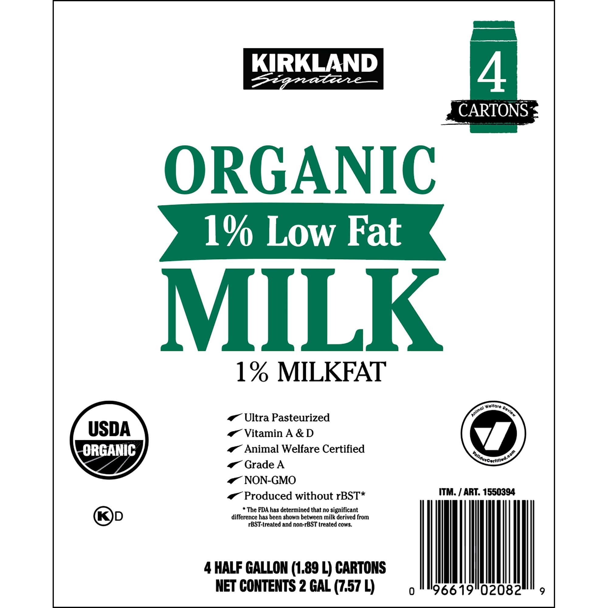 KIRKLAND SIGNATURE ORGANIC 1% MILK 4/64OZ - Image 1