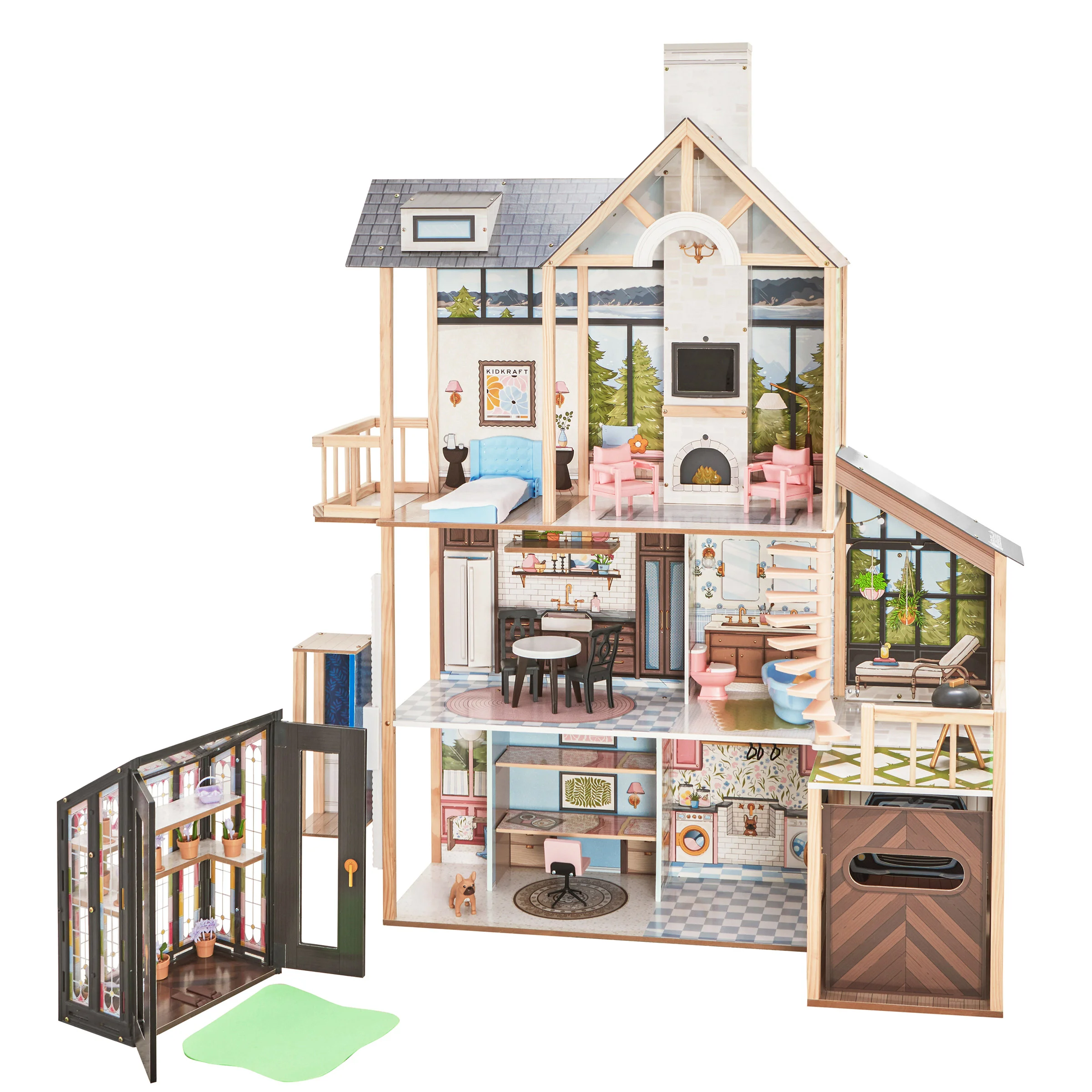 LAKEVIEW VILLA WOODEN DOLLHOUSE & GREENHOUSE