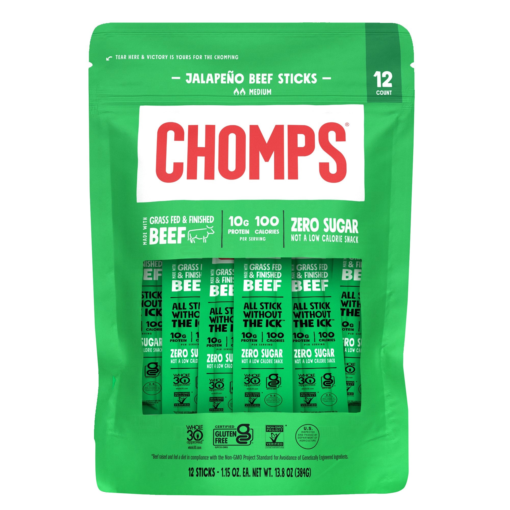 CHOMPS JALAPENO GRASS FED BEEF STICKS 12 CT