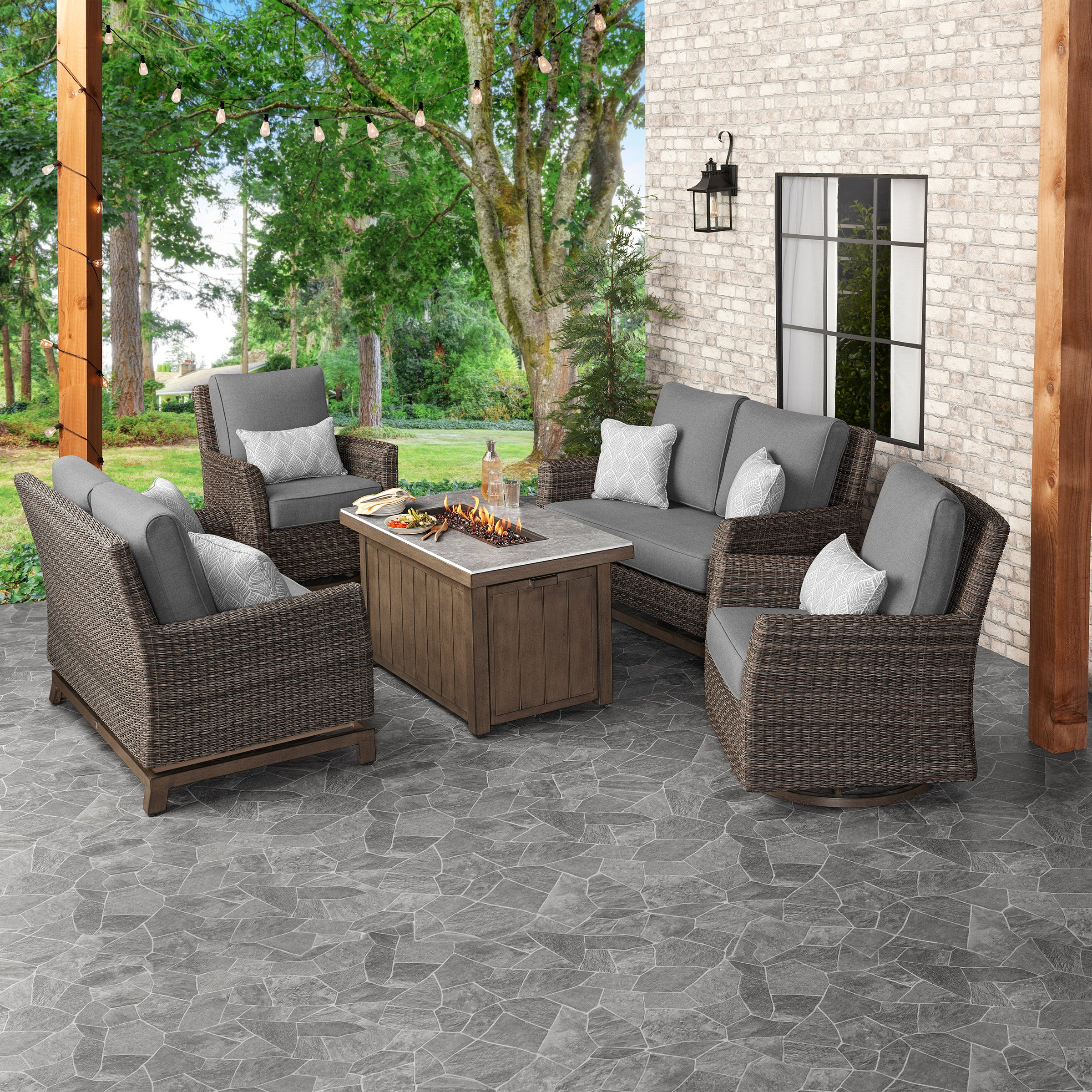 AGIO MCKINNON 5 PC DEEP SEATING SET WITH FIRE TABLE - Image 1