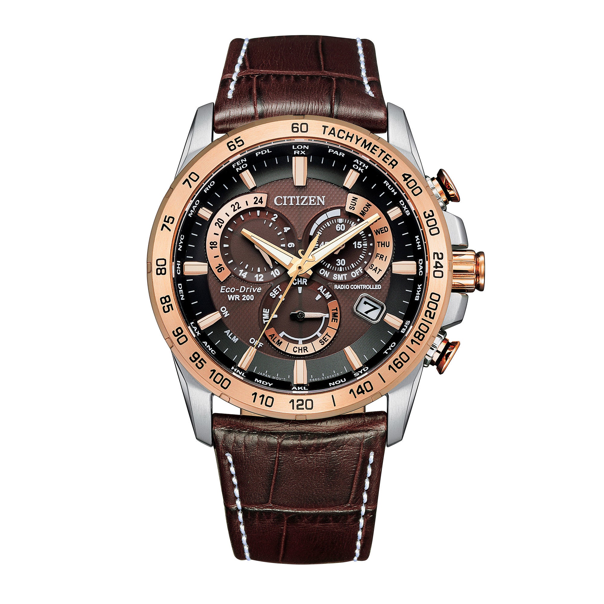 CITIZEN ECO-DRIVE PCAT BROWN LEATHER STRAP MEN'S QUARTZ WATCH - Image 1