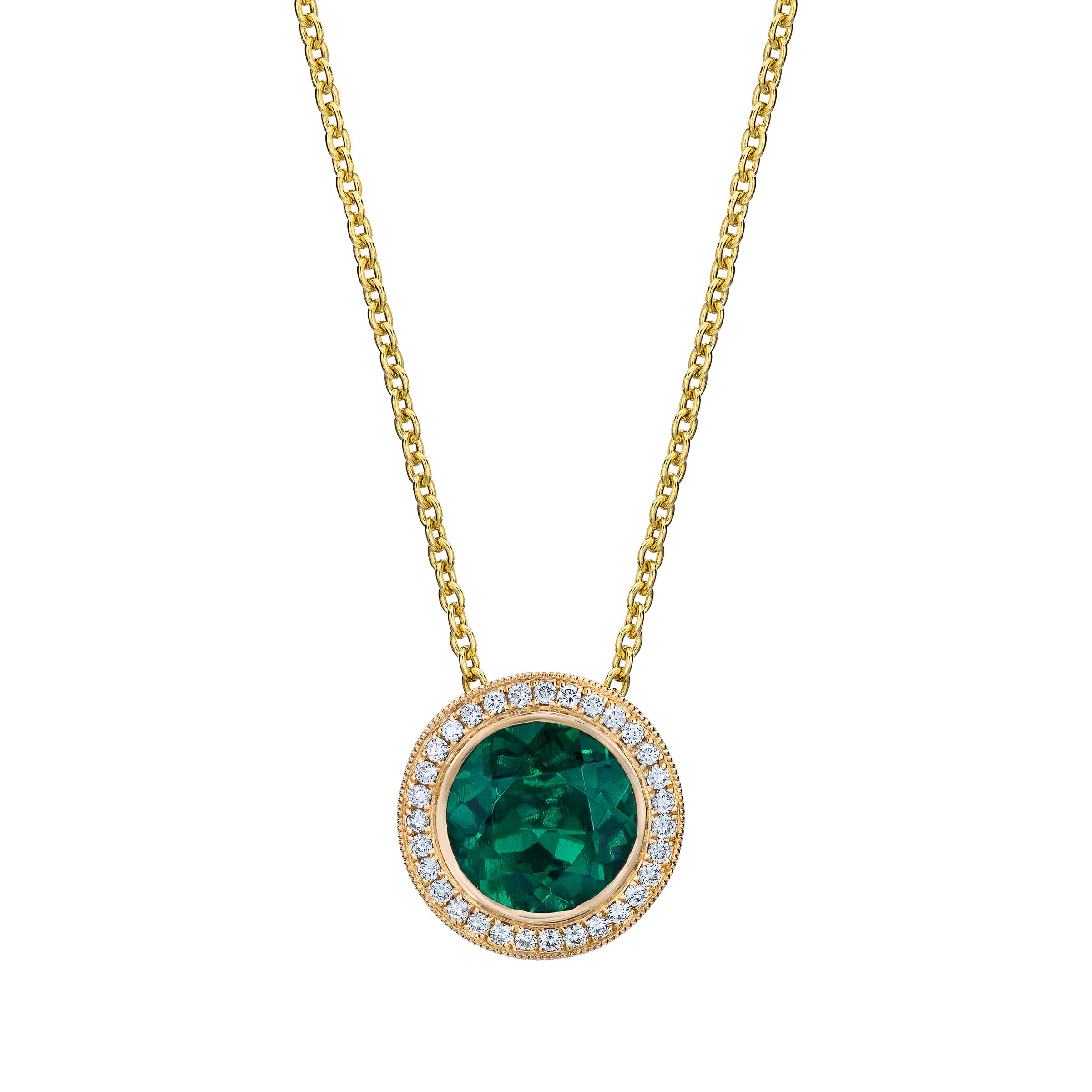 14KT YELLOW GOLD .10TW VS2 I DIAMOND & 7MM LAB EMERALD PENDANT - Image 1