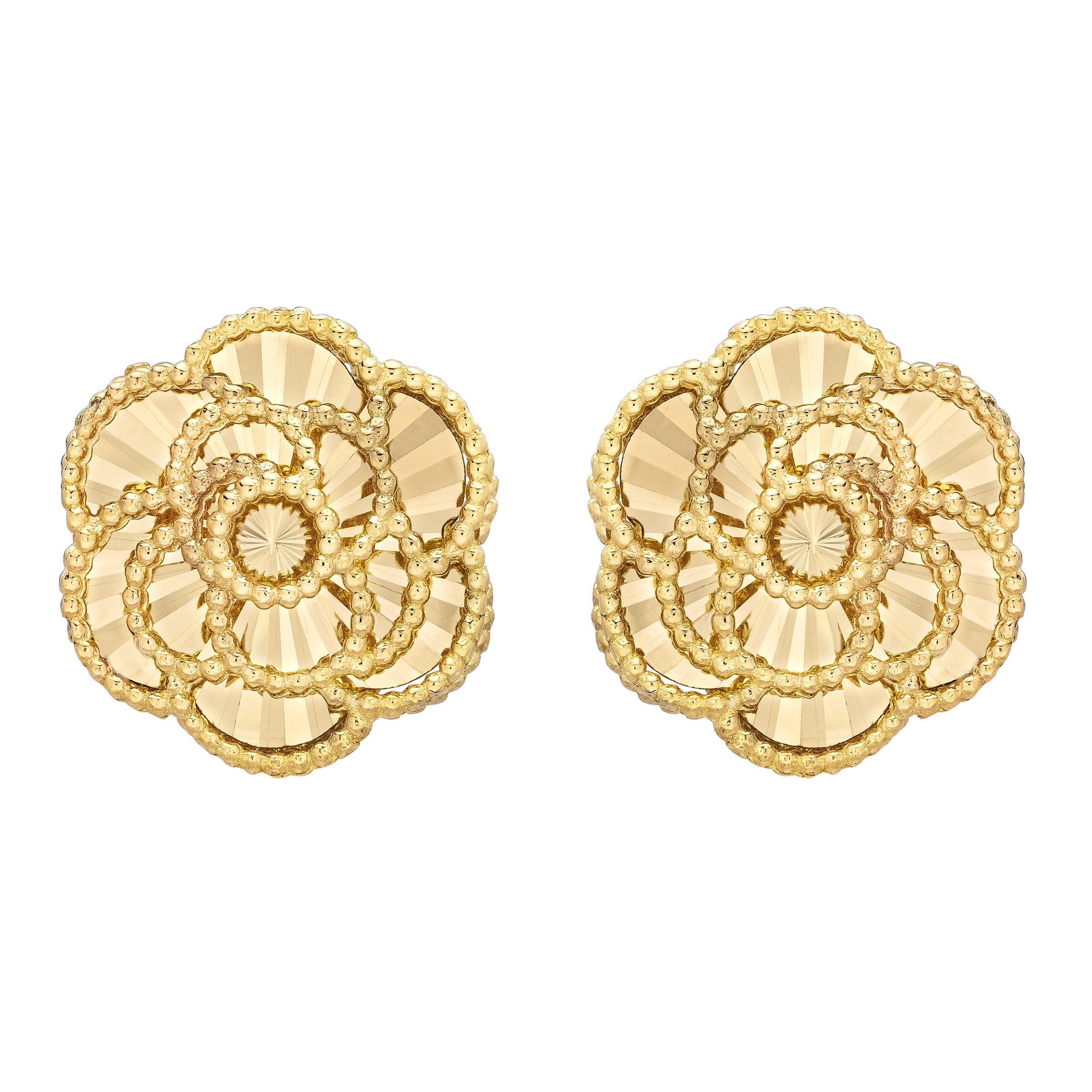 14KT YELLOW GOLD DIAMOND CUT ROSE STUD EARRINGS - Image 1