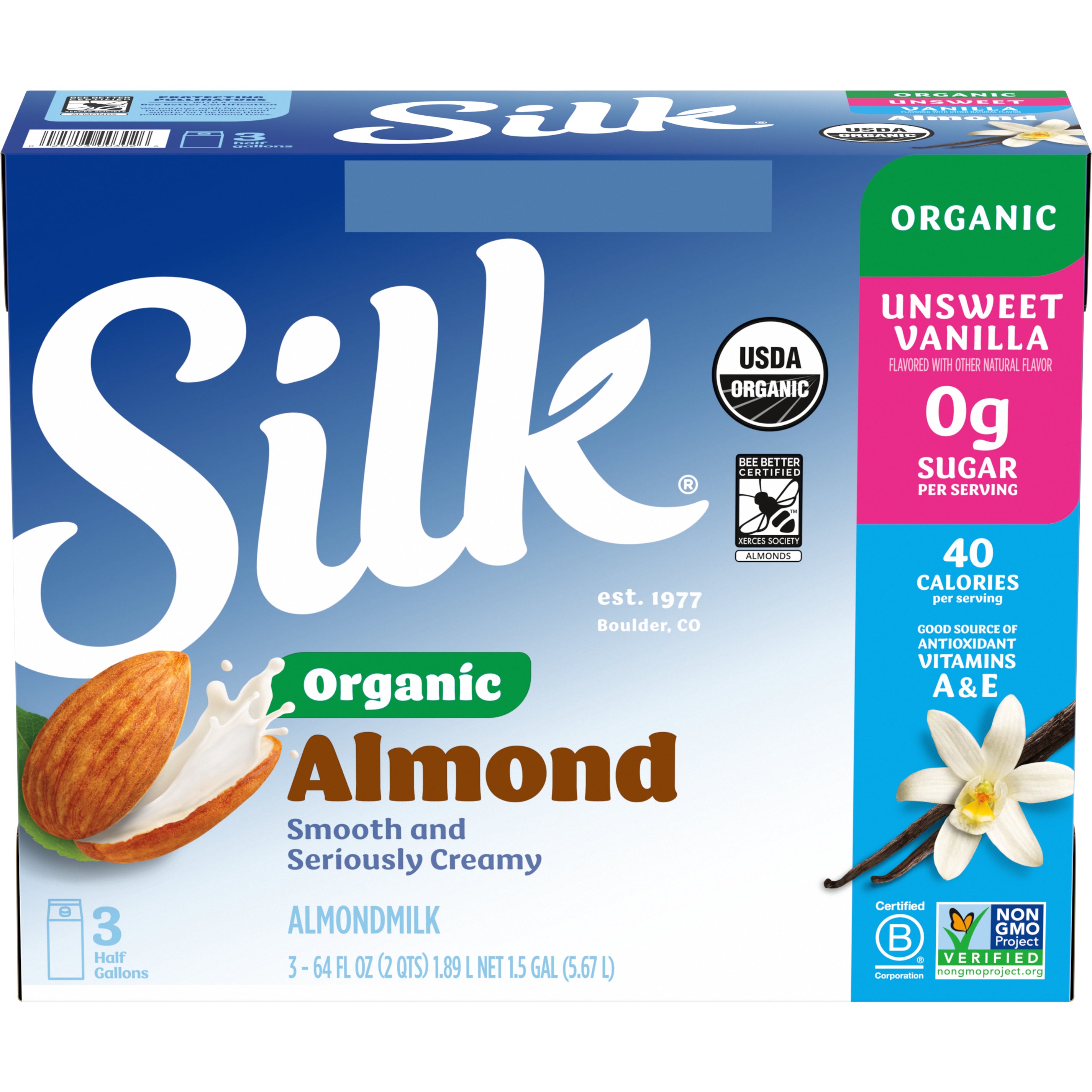 SILK ORG. UNSWEETENED VANILLA ALMONDMILK 3 PACK 64 OUNCES - Image 1