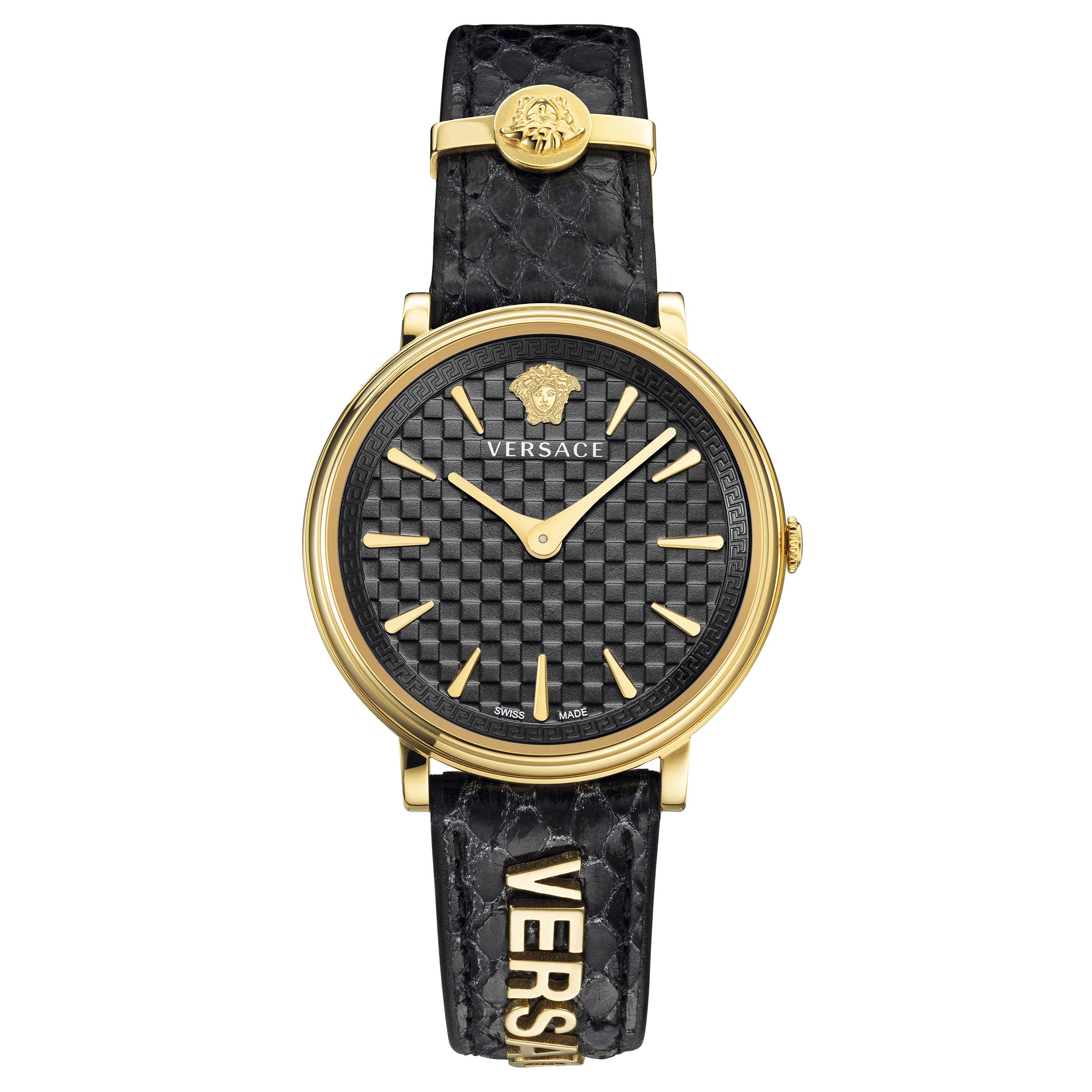 VERSACE V-CIRCLE BLACK LEATHER STRAP QUARTZ LADIES WATCH